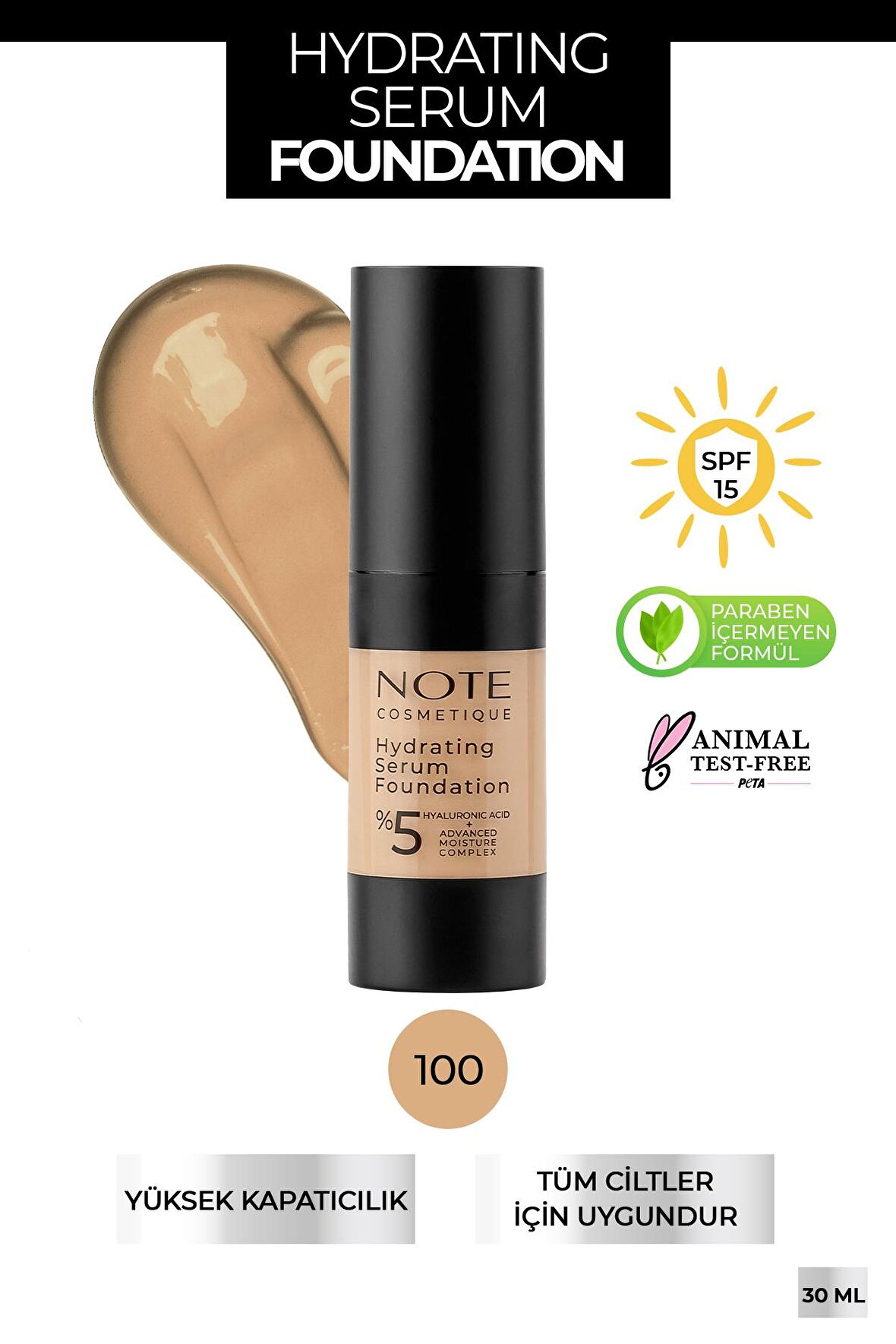 Note Hydrating Nemlendirici Etkili Hyaluronik Asitli SPF 50 Serum Fondöten 100