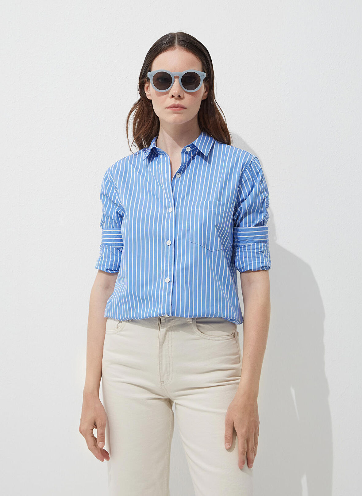 Marie Marot Normal Klasik Yaka Çizgili Mavi Kadın Gömlek EVA