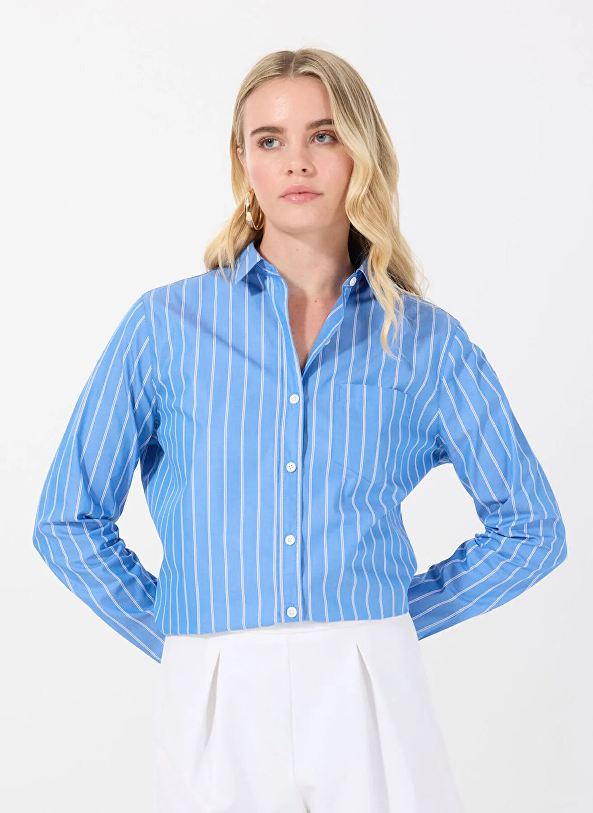 Marie Marot Normal Gömlek Yaka Çizgili Mavi Kadın Gömlek NANA