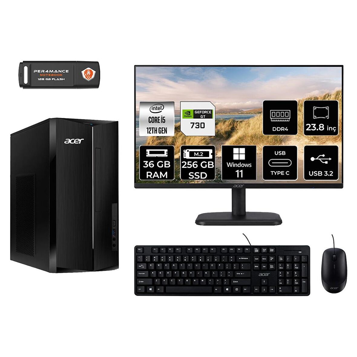 Acer Aspire TC1760 i5 12400 36GB 256GB SSD GT730/4GB W11P DT.BHUEM.005 MASAÜSTÜ PC & 23.8" MONİTÖR