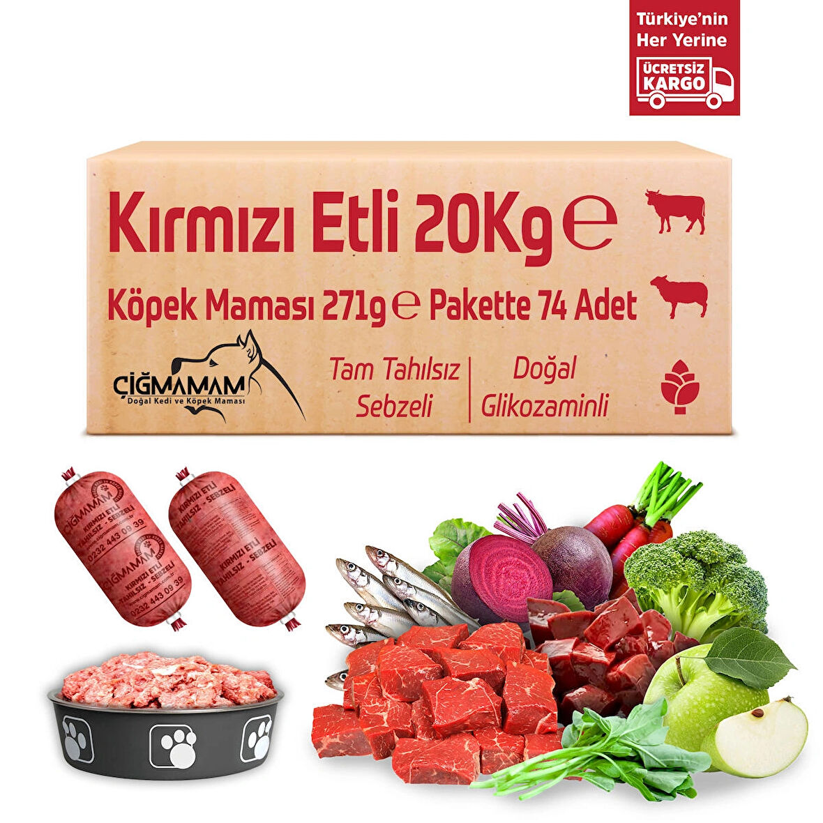 Kırmızı Etli Tahılsız 20 Kg 271 Gr 74 Adet Çiğmamam Barf Köpek Maması