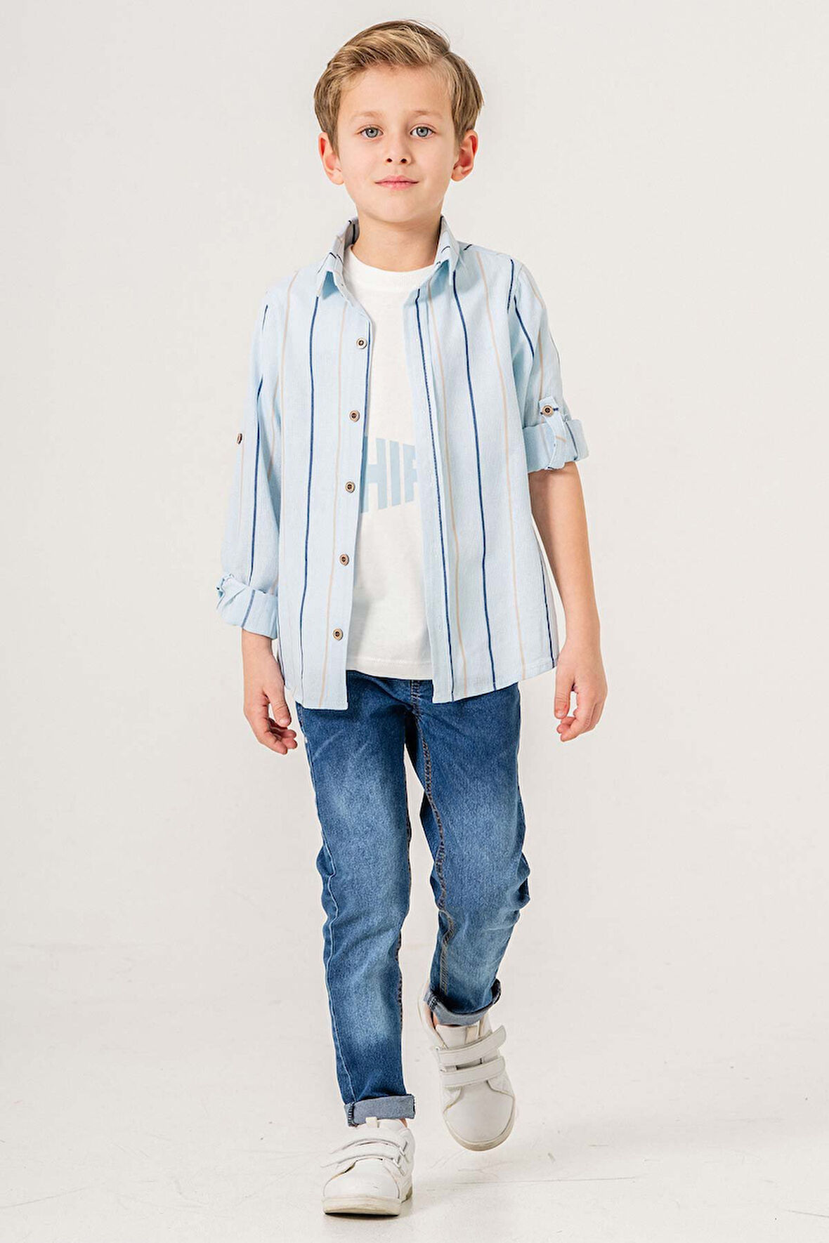 Çizgili Desenli Uzun Kol 3 Parça Erkek Çocuk Gömlekli Takım