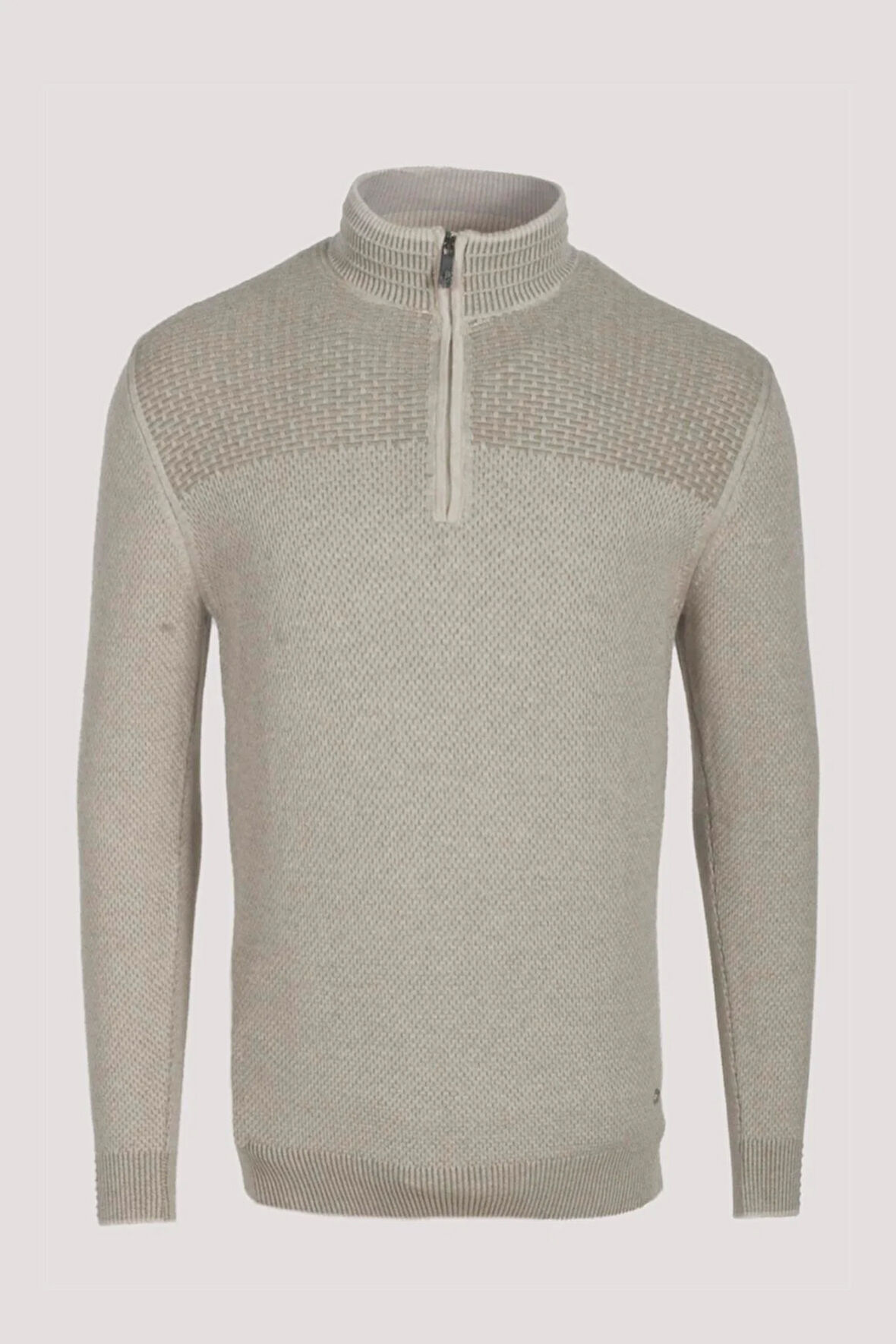 Erkek Triko Yarım Fermuarlı Bej Slim Fit Desenli Pamuklu Knitwear NCS JEANS 3709