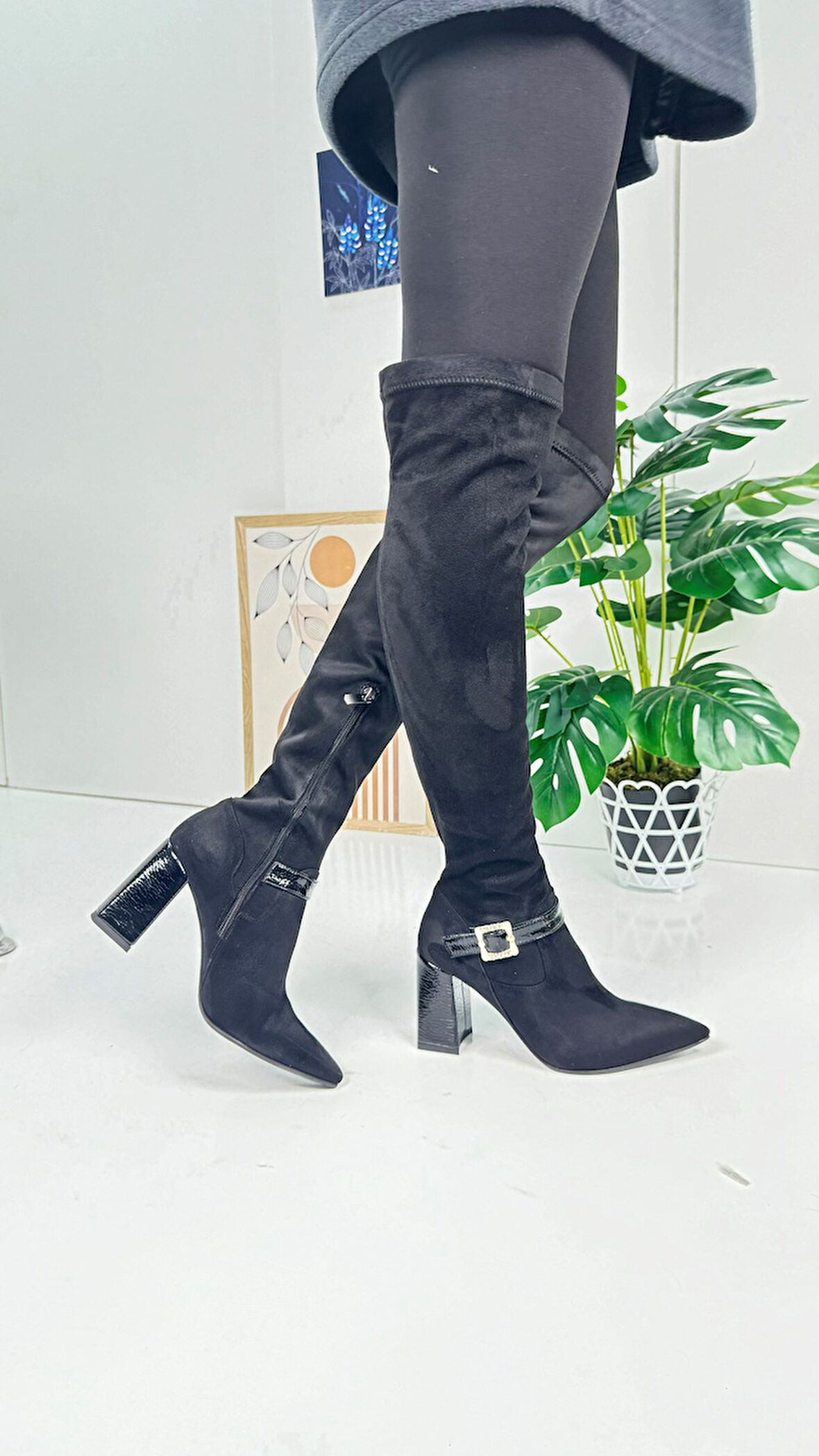 Günlük Kadın Çizme Kalın Deri Topuklu Altın Tokalı Dizüstü Streç Süet Sivri Burun Tırtıklı Taban 371