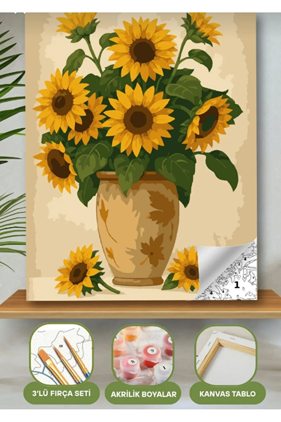 Sayılarla Boyama Seti 40x50 Cm (Çıtalı) Fırça Boya Dahil Numaralı Tuval Ay Çiçeği Toprak Uzun Vazo