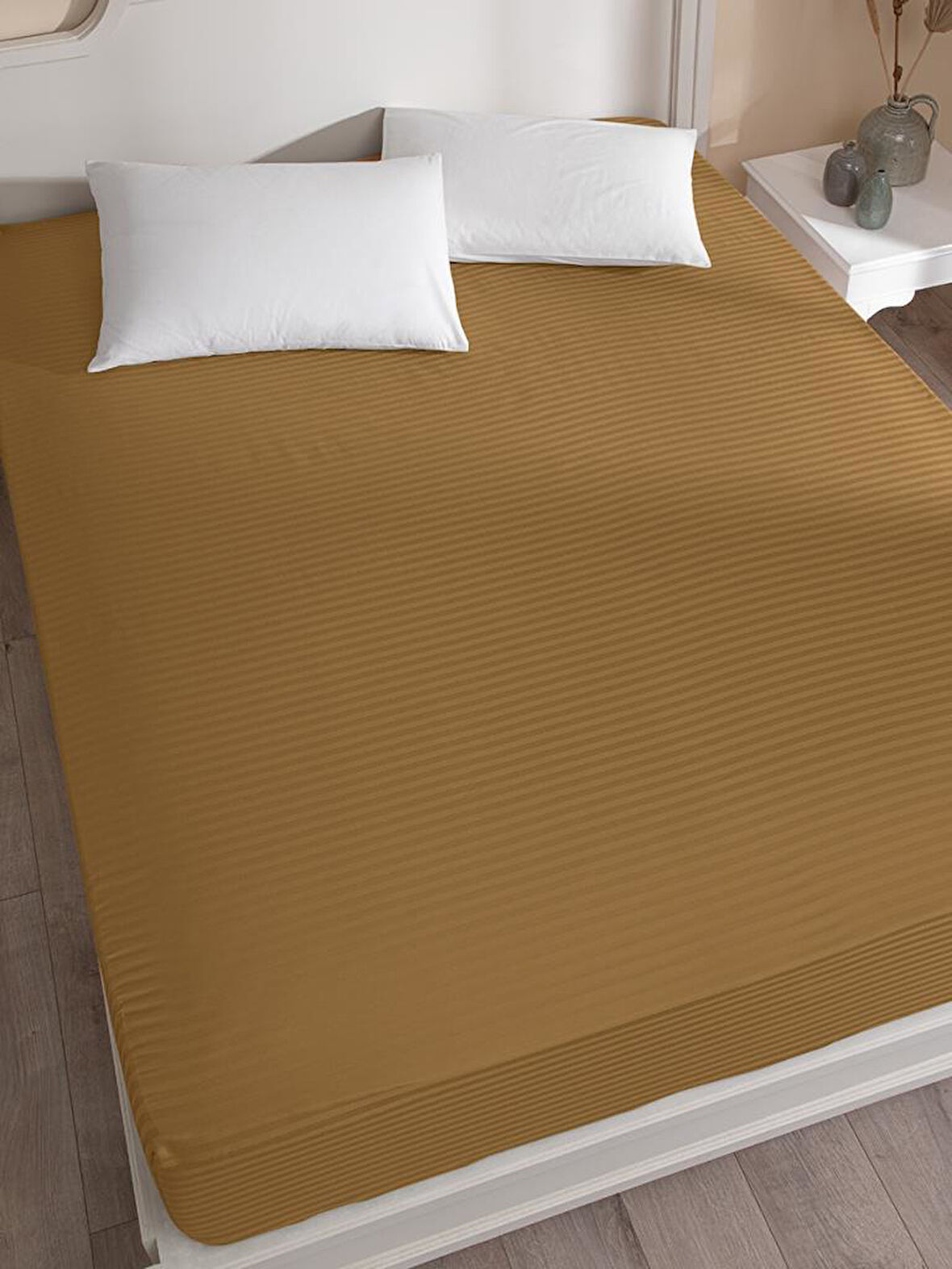 Çarşaf Stripe Saten Düz Lastikli Geniş Ölçü