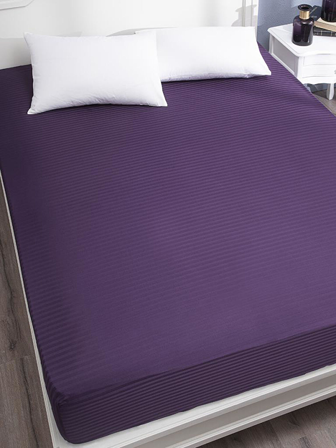 Çarşaf Stripe Saten Düz Lastikli Geniş Ölçü