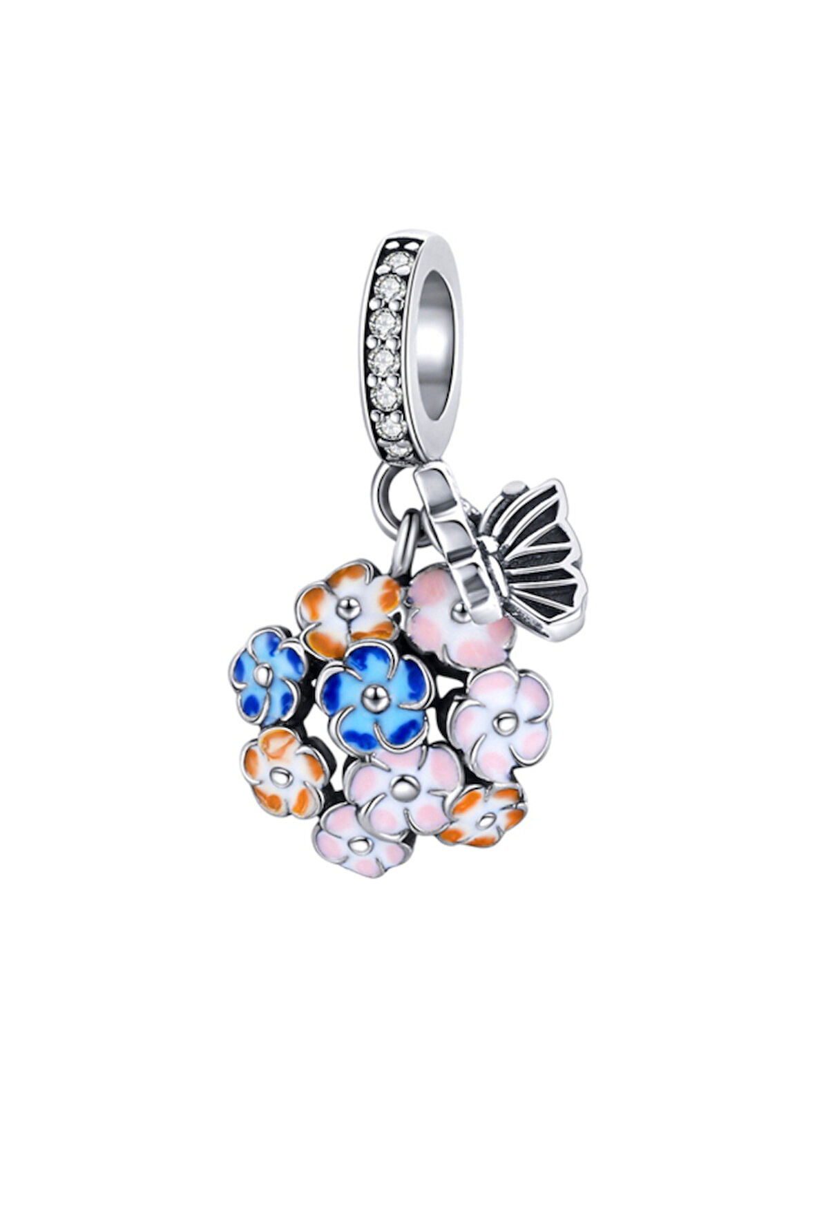 Menekşe Buketi ve Kelebek Charm | 925 Ayar Gümüş