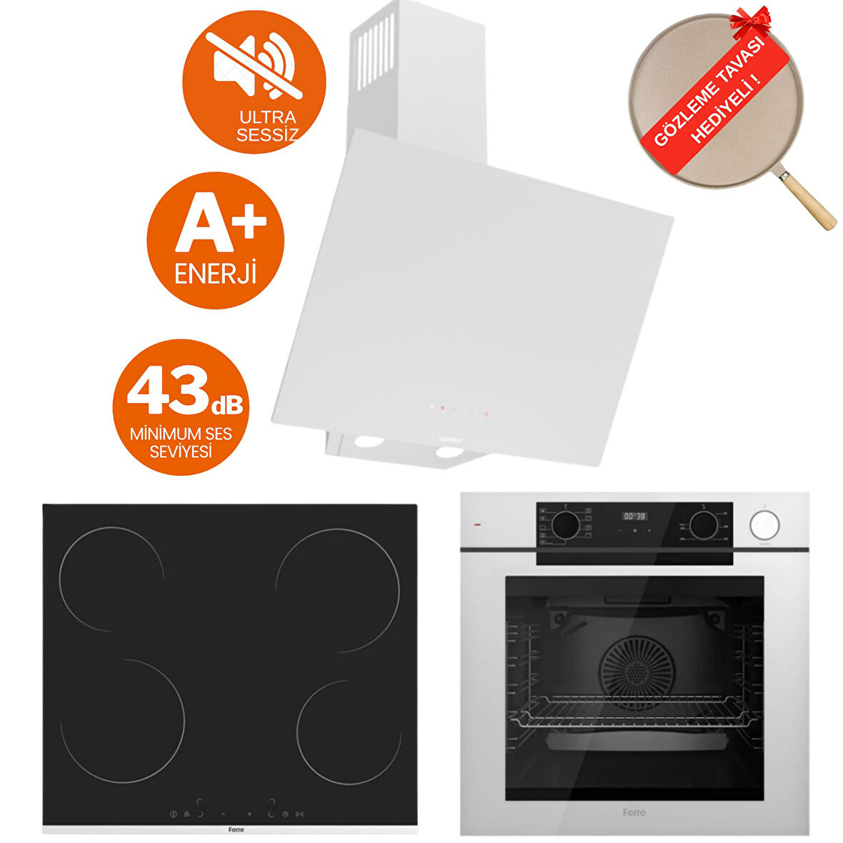 Ferre FryArt & Buharlı Focus Sessiz Davlumbaz Elektrikli Beyaz Ank. Set (D078-SA + MS261 + QEP64CB)