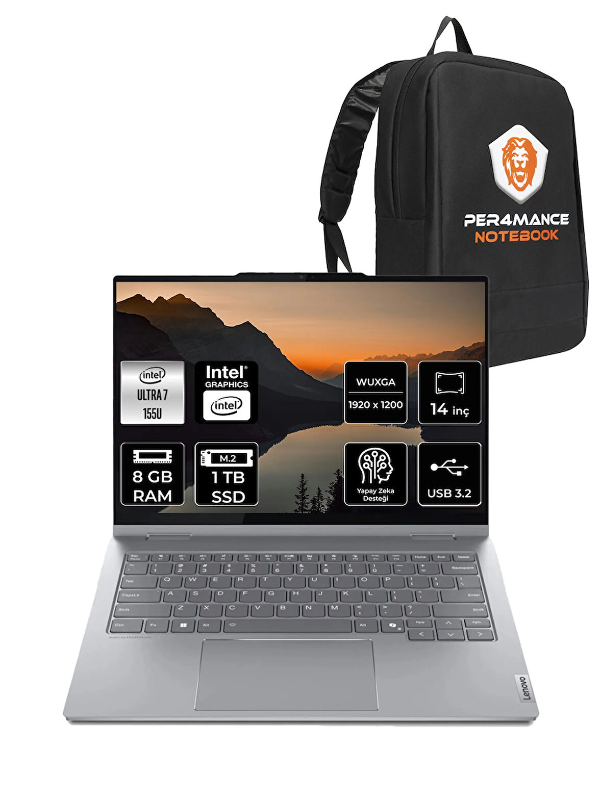 LENOVO ThinkBook 14 Ultra 7 155U 8GB 1TB SSD 14" FDOS WUXGA Dokunmatik 2'si 1 Arada & PER4 ÇANTA