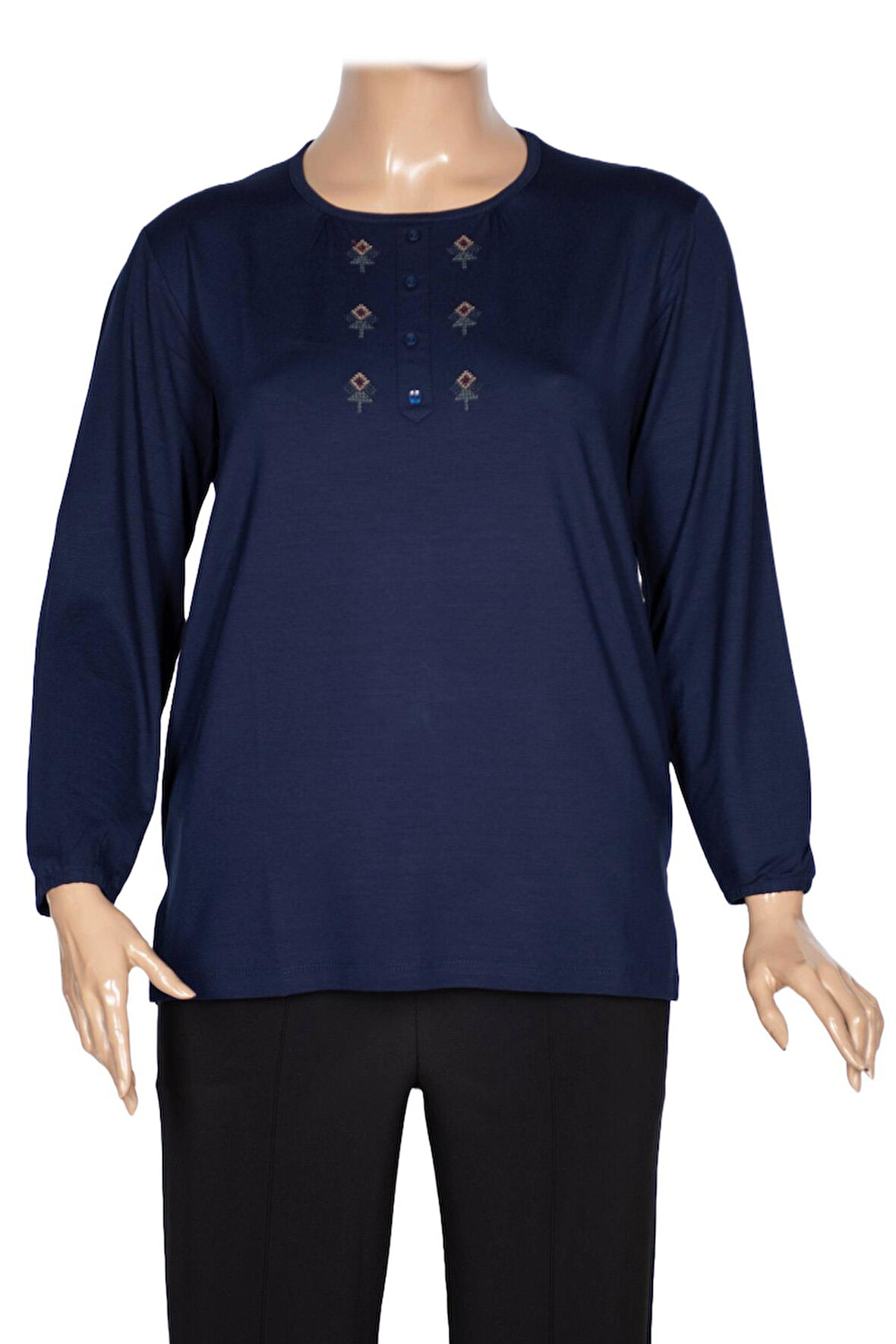 Cimariva Kadın Neşe Büyük Beden O Yaka Robası Nakışlı Lacivert Bluz