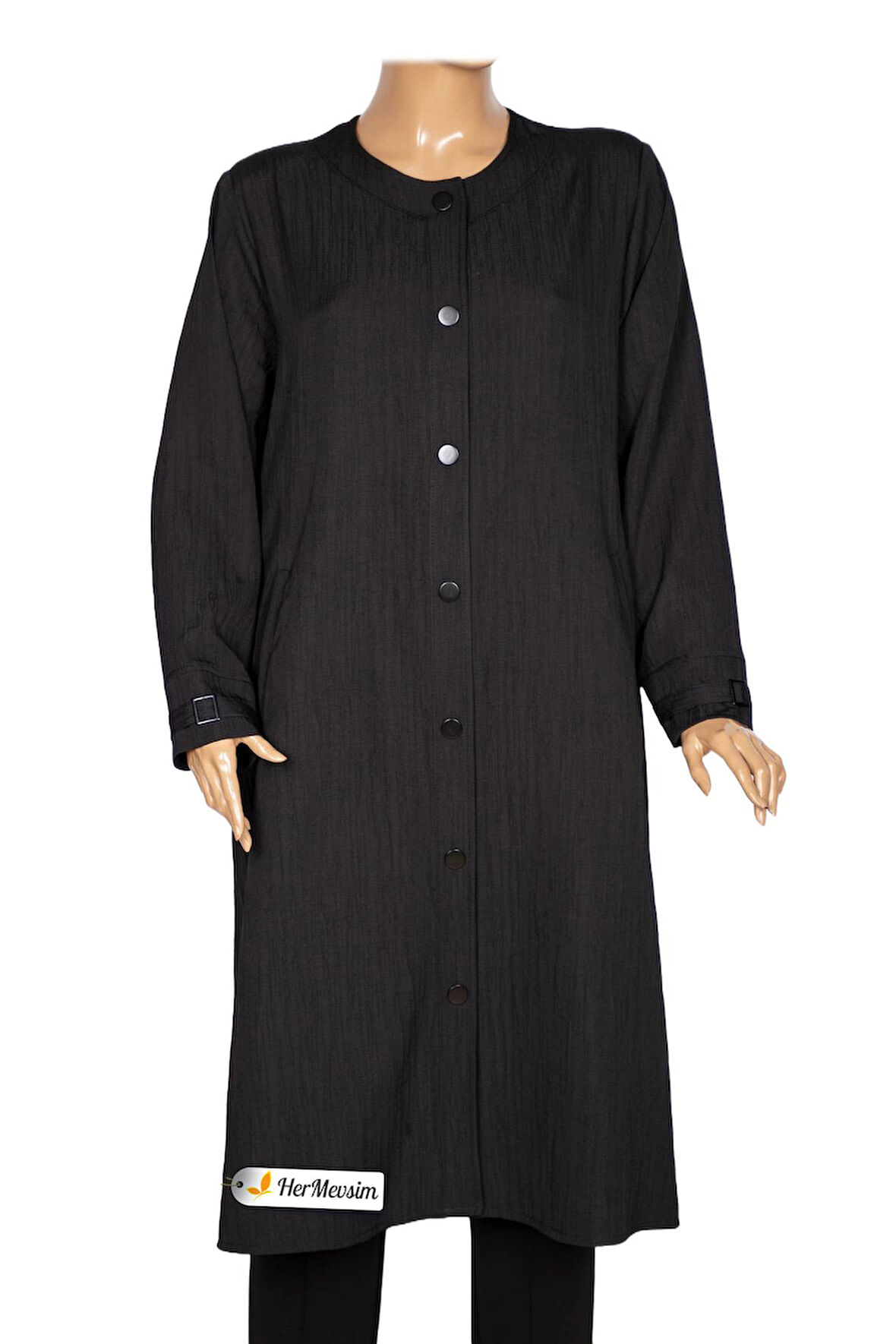 Hesna Kadın Luna Büyük Beden Kırışık Efektli Çıtçıtlı Siyah Kap Ceket