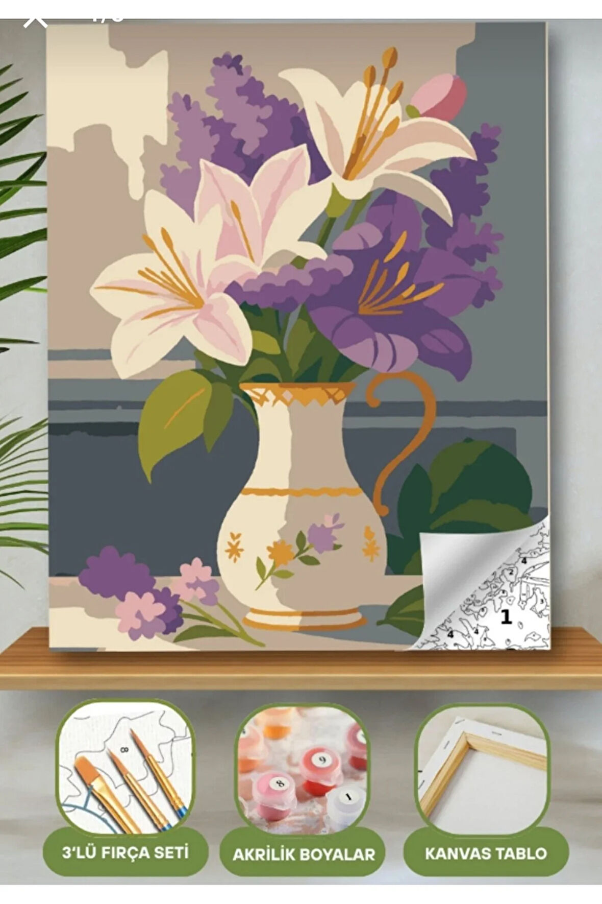 Sayılarla Boyama Seti 40x50 Cm (Çıtalı) Fırça Boya Dahil Numaralı Tuval Sürahi Mor Beyaz Lale