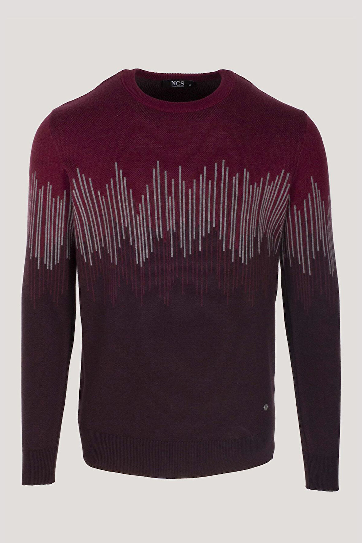 Erkek Triko Bordo Bisiklet Yaka Desenli Slim Fit Pamuklu Kazak 3723