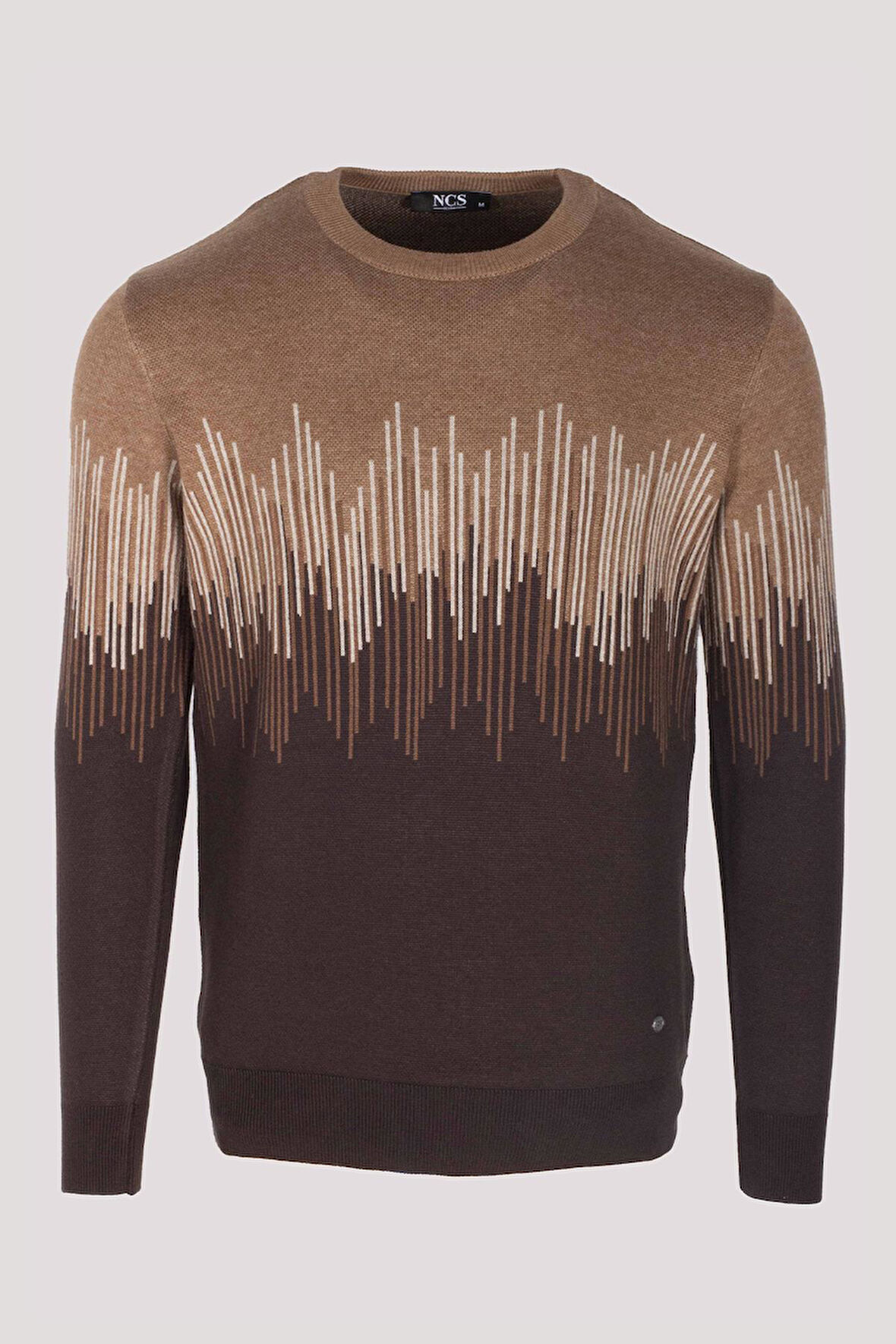 Erkek Triko Camel Bisiklet Yaka Desenli Slim Fit Pamuklu Kazak 3723