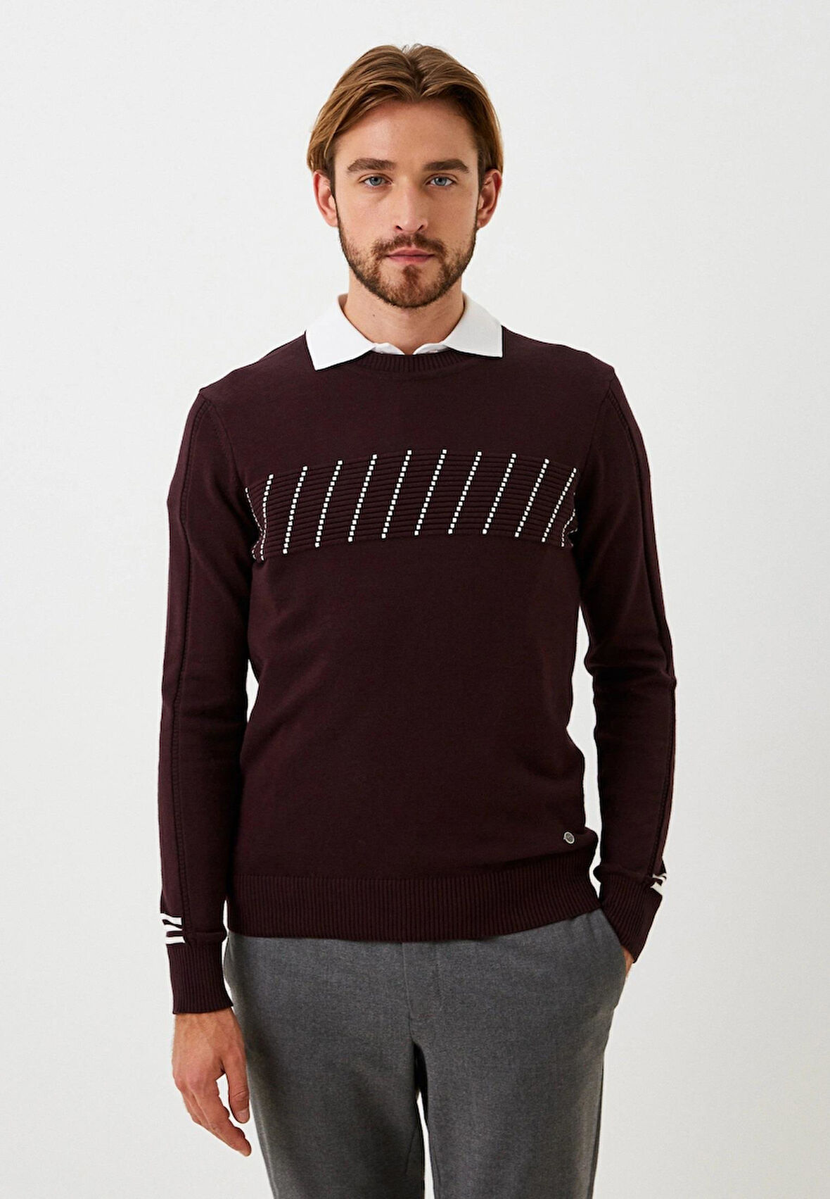 Erkek Triko Bordo Bisiklet Yaka Desenli Slim Fit Pamuklu Kazak NCS JEANS 3725