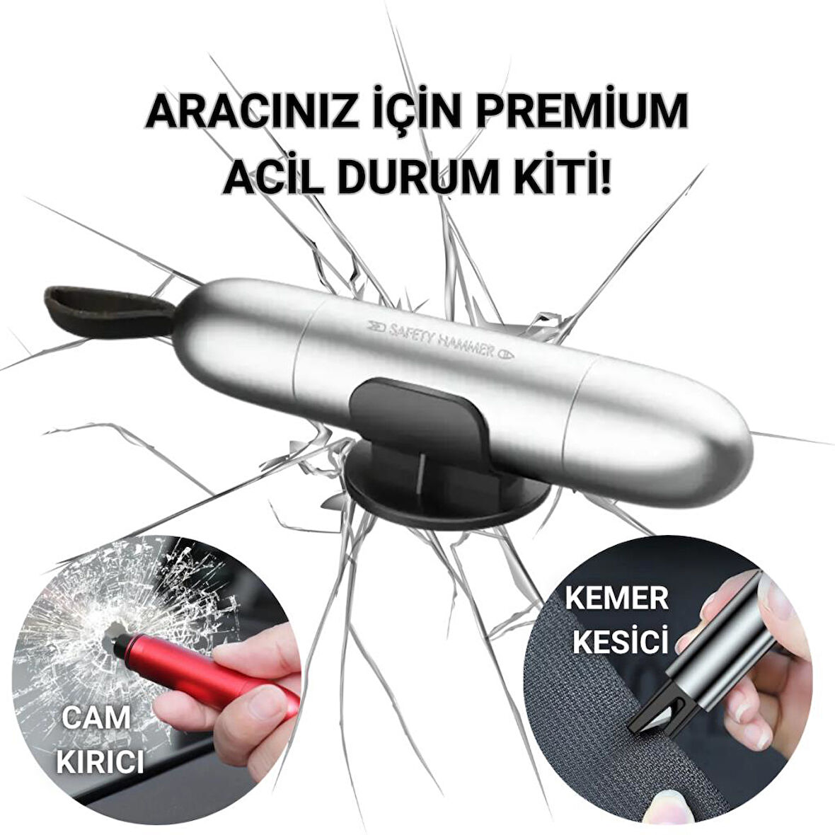 Polham 2in1 Araç İçi Cam Kırıcı ve Emniyet Kemer Kesici, Premium Acil Durum Kiti, Hayat Kurtarıcı Gri