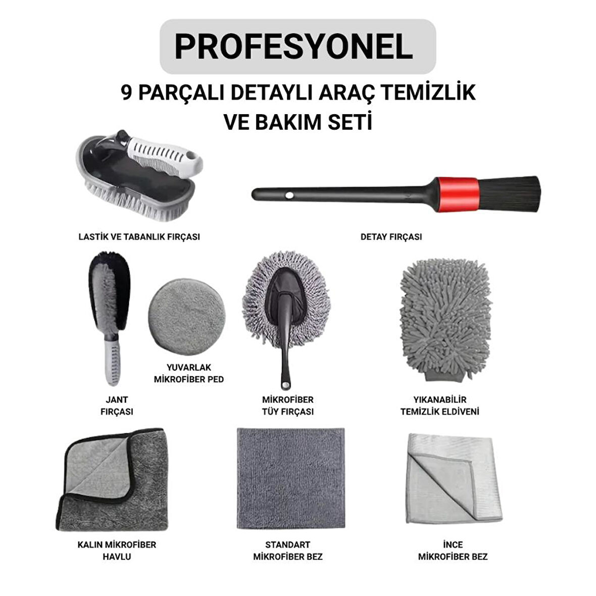 Polham Profesyonel 9 Parçalı Araba, Motorsiklet İçin Detaylı  Araç Temizlik ve Bakım Seti, İç ve Dış Bakım Seti