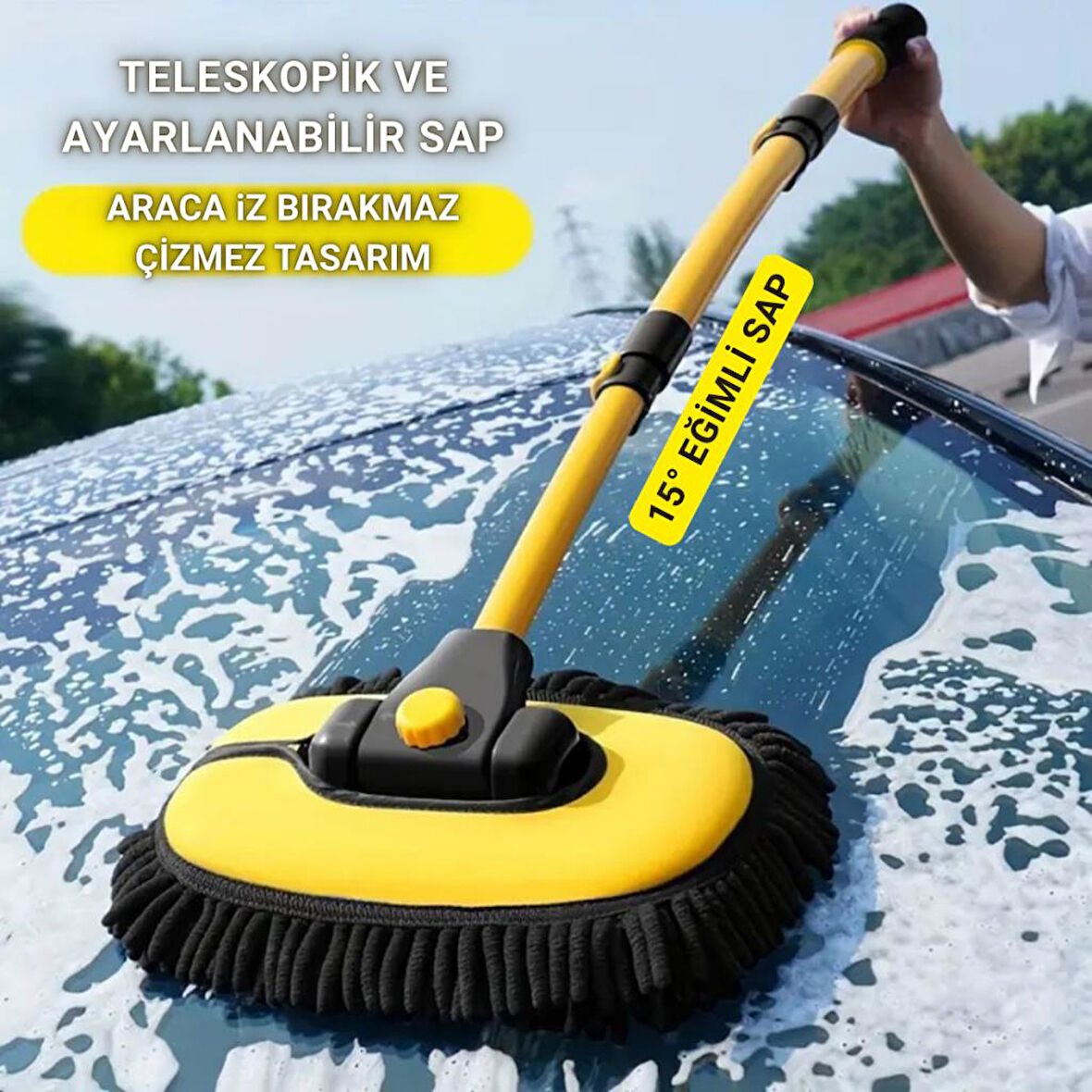 Polham 100CM Uzayabilen Teleskopik Saplı Kuru Islak Araç Temizleme Fırçası, İz ve Çizik Bırkaz Fırça