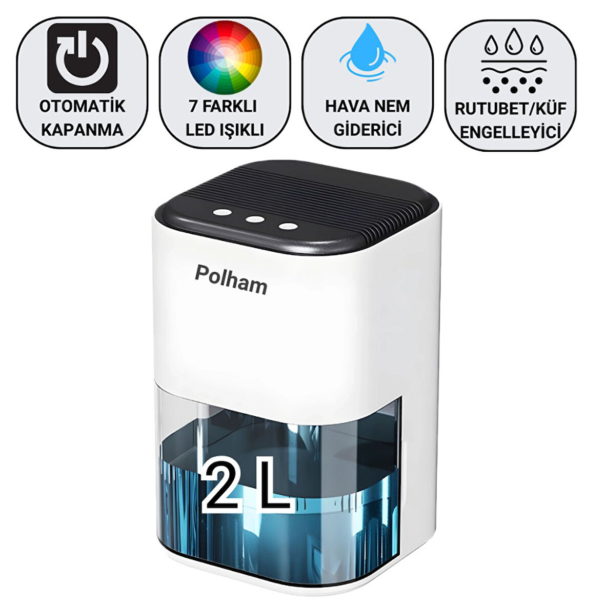 Polham Otomatik 2 Litre Banyo,Mutfak, Çamaşır Odası İçin Nem Alma Cihazı, Rutubet, Küf ve Nem Engelleyici