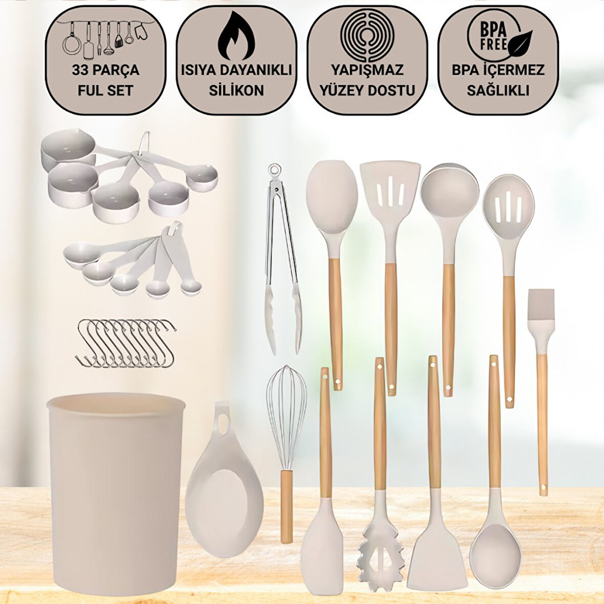 Polham Profesyonel Tam Set 33 Parça BPA İçermez Ahşap Saplı Slikon Mutfak Servis Seti, Servis ve Kevir Seti