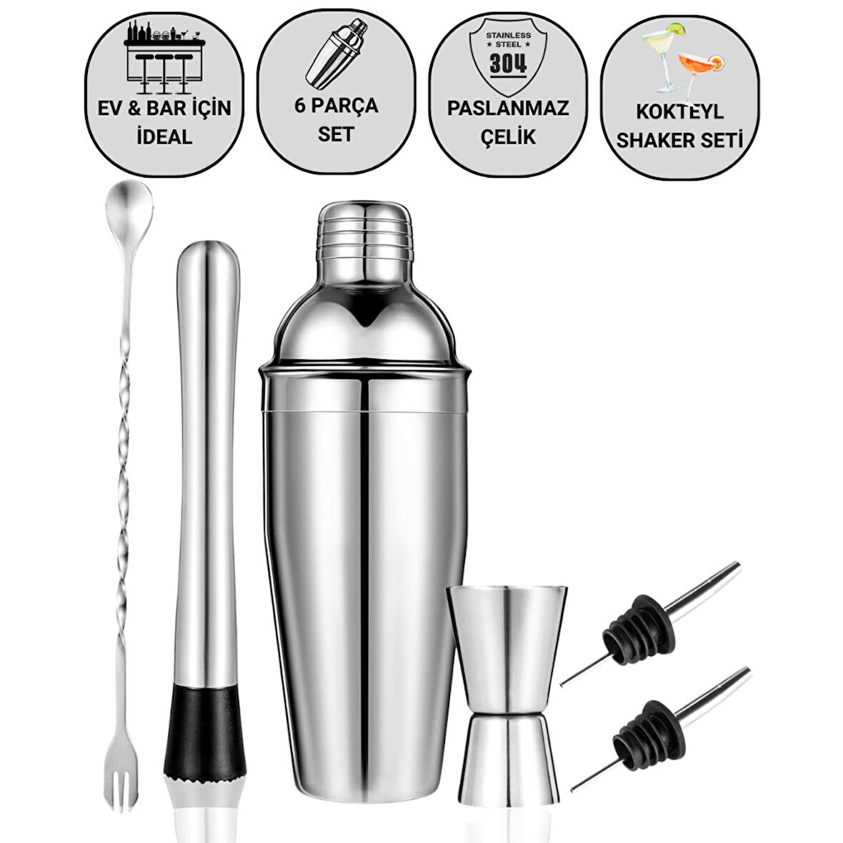 Polham 6 Parça 750ML Paslanmaz Çelik Kokteyl Shaker Seti – Ev ve Bar İçin İdeal, Sızdırmaz kapaklı