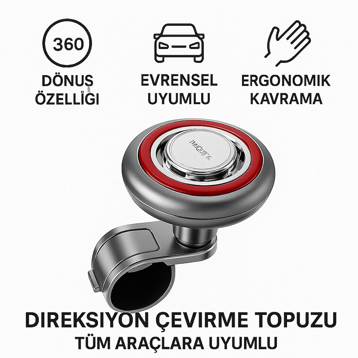 Polham 360 Derece Dönebilen Direksiyon Çevirme Topuzu – Tüm Araçlarla Uyumlu, Kamyon, Tır, Traktör, Direksiyon Çevirme Topuzu Kırmızı
