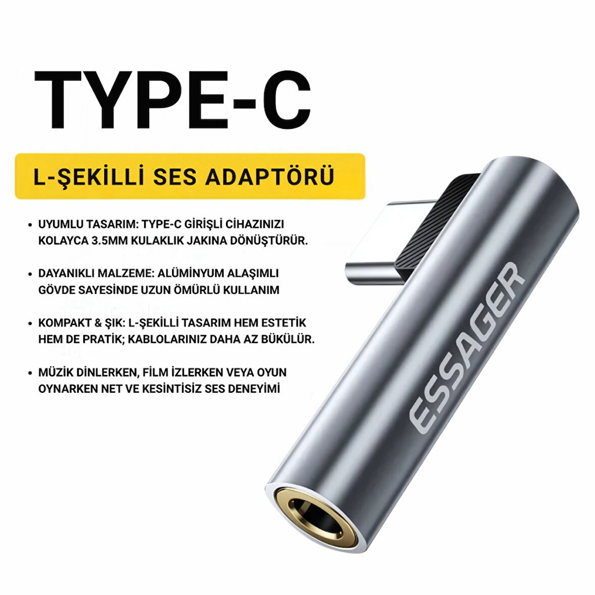 ESSAGER L Tip Type-C to 3.5mm Ses ve Kulaklık Çıkışı, Hifi Ses Destekli, Telefon, Tablet, PC Uyumlu