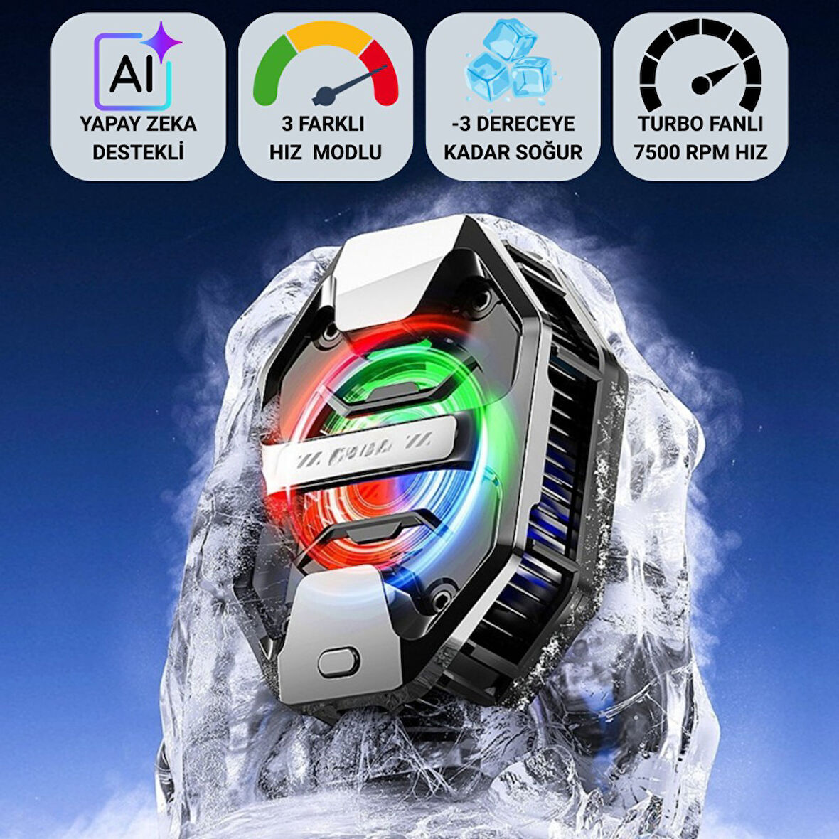 Polham AI Destekli Turbo Fanlı Telefon Soğutucu | -3°C Soğutma | 7500 RPM Hız | RGB Işıklı | 3 Farklı Mod