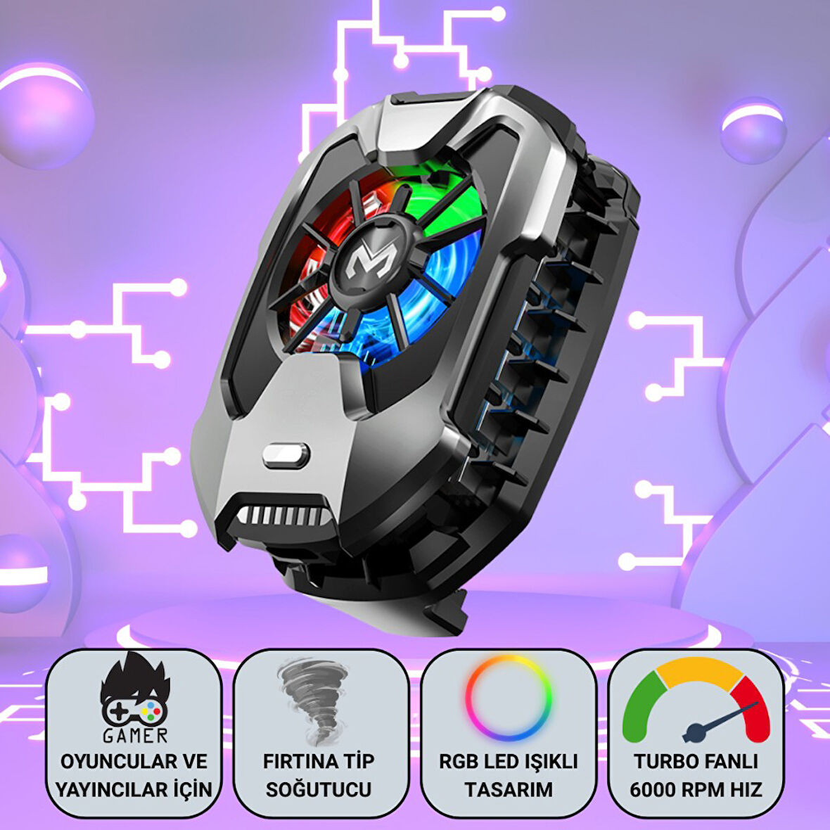 Polham RGB Işıklı Turbo Telefon Soğutucu | 6000 RPM Turbo Fan, Fırtına Tip Soğutma, Telefon Soğutucu