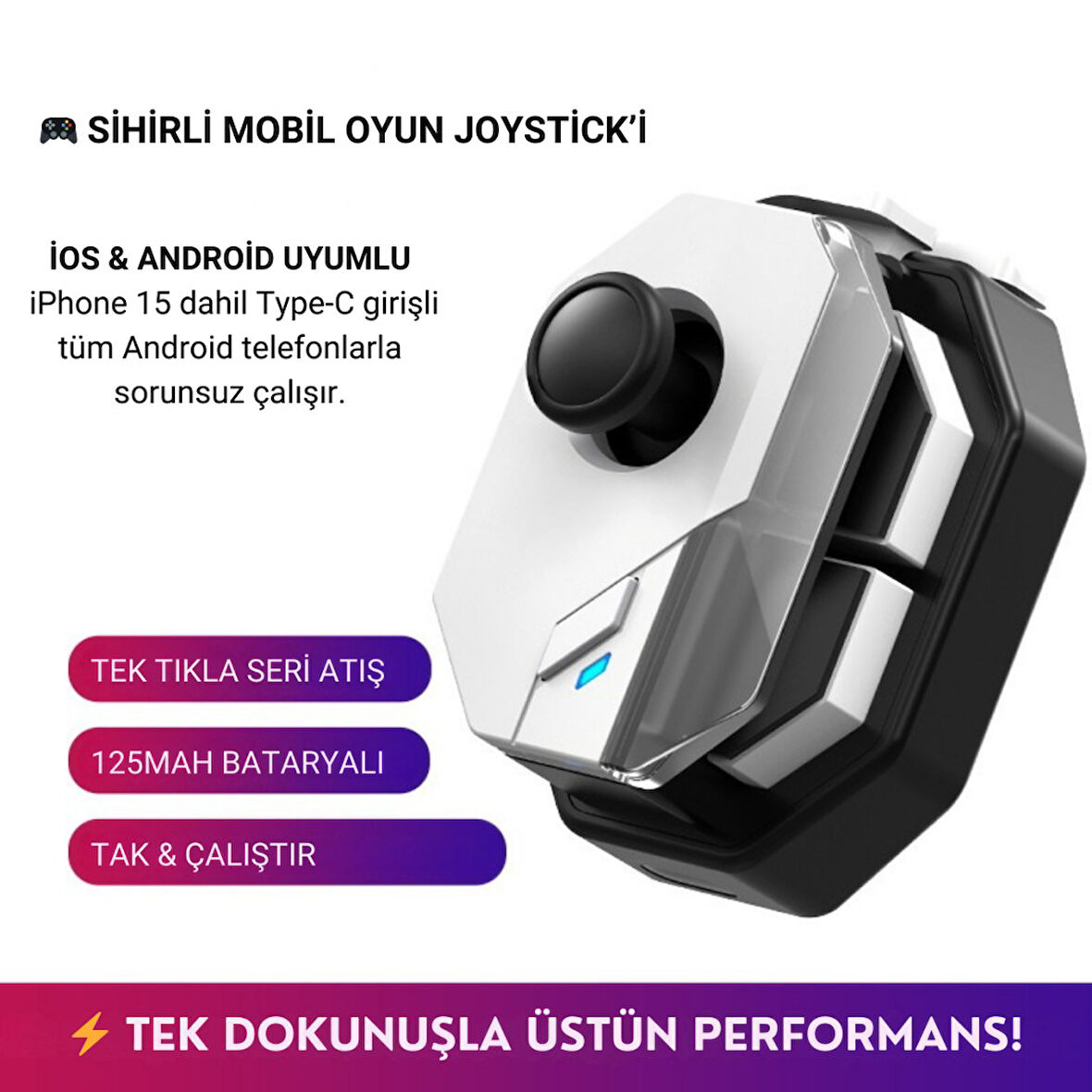 Polham Profesyonel Mobil Oyun Joystick | iOS & Android Uyumlu, Oyun Kontrol Cihazı, Tak-Çalıştır