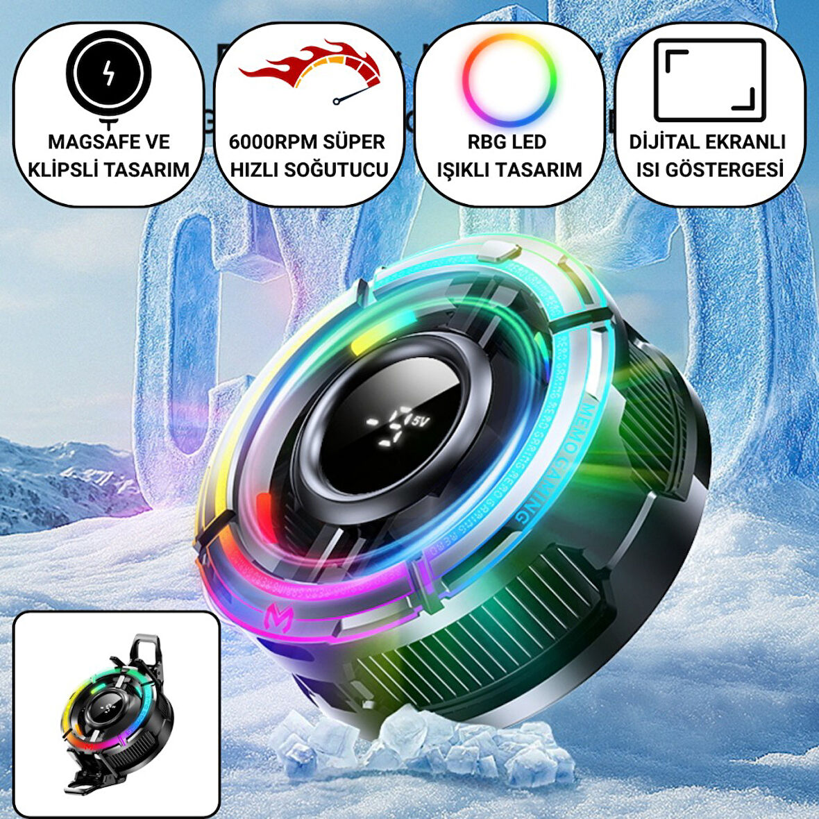 Polham Magsafe ve Klipsli RGB LED Süper Soğutucu | 6000RPM Ultra Hızlı Fan | Dijital Ekranlı Isı Göstergeli