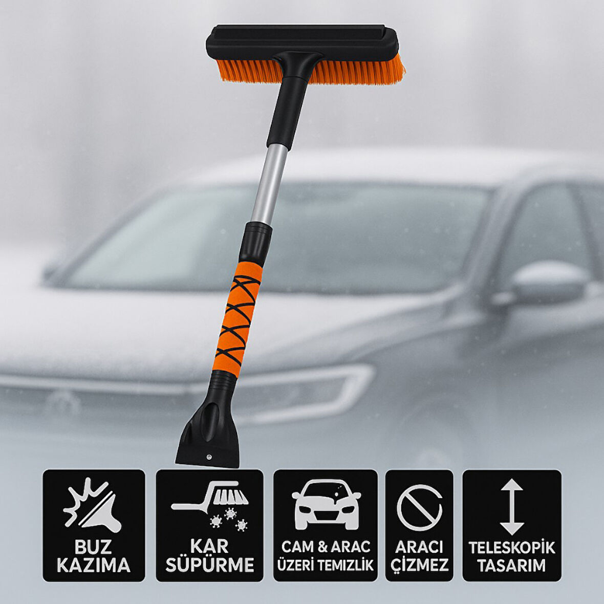 Polham Teleskopik Kar Süpürgesi ve Buz Kazıyıcı | Yüzey Çizmez Fırça | Araç Camı & Kaput Temizleme Aparatı