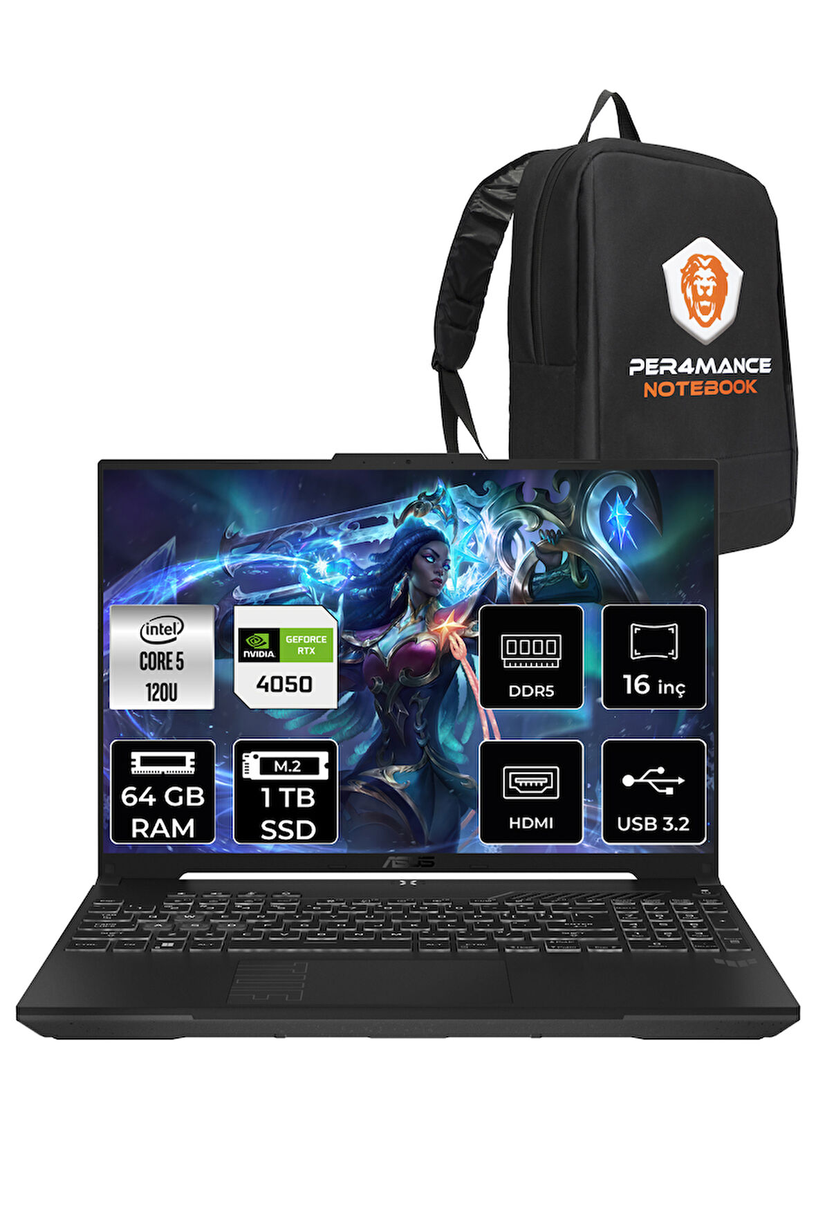 ASUS TUF Gaming F16 Core 5 210H 64GB 1TB SSD RTX4050/6GB 140W WUXGA 16" FDOS LP029 & PER4 ÇANTA