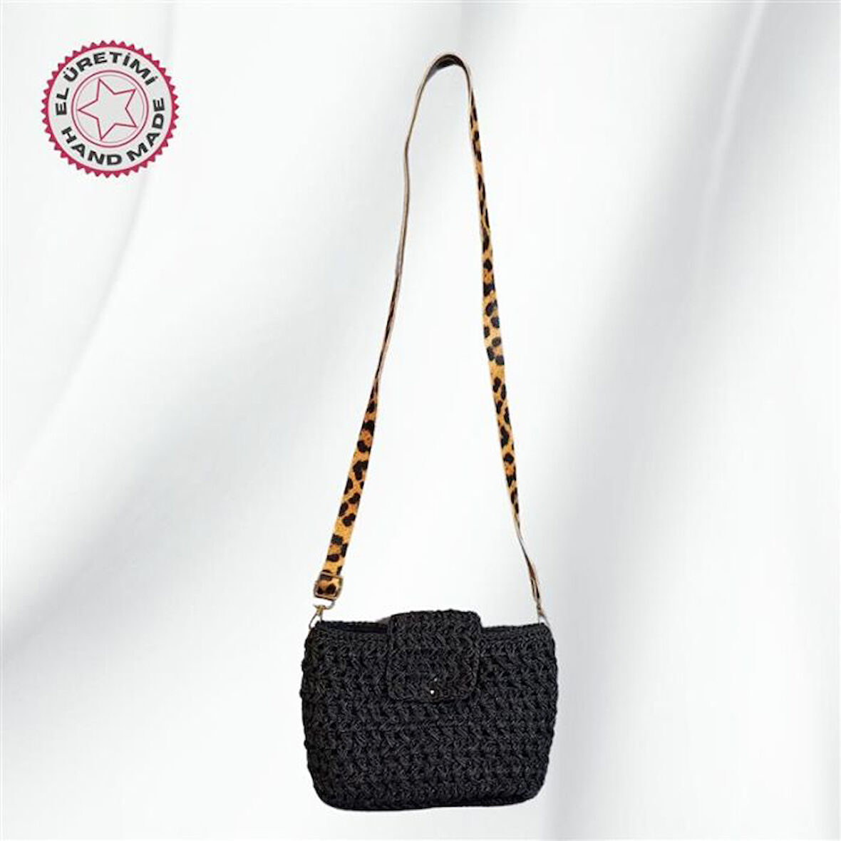 Uretti - Hacer 8870 4508 El Örgüsü Kağıt İp Leopar Askılı Kadın Omuz Çantası