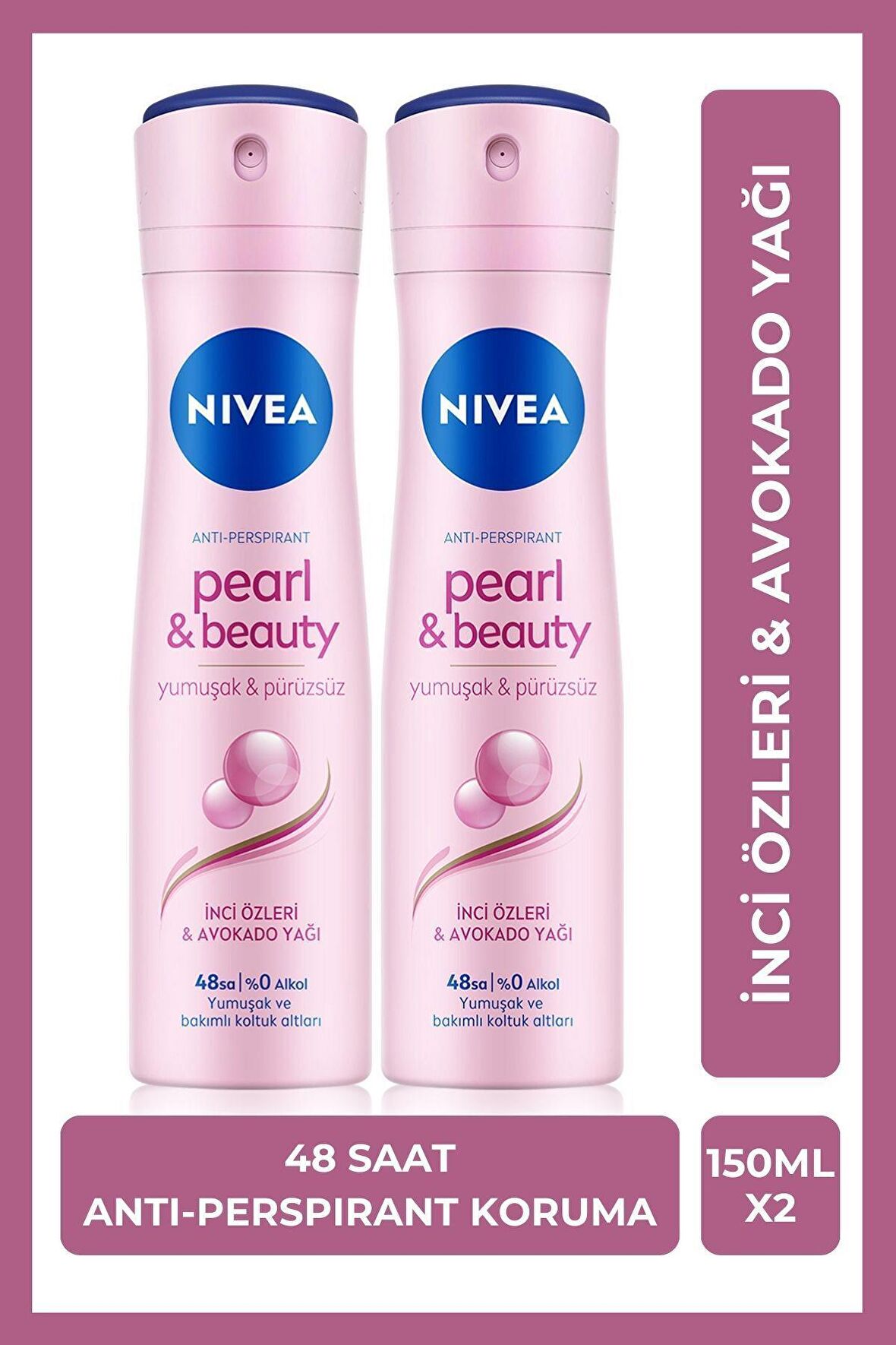 Nivea Kadın Sprey Deodorant Pearl&Beauty 150ml, Ter Kokusuna Karşı 48 Saat Anti-perspirant Koruma, X2 Adet