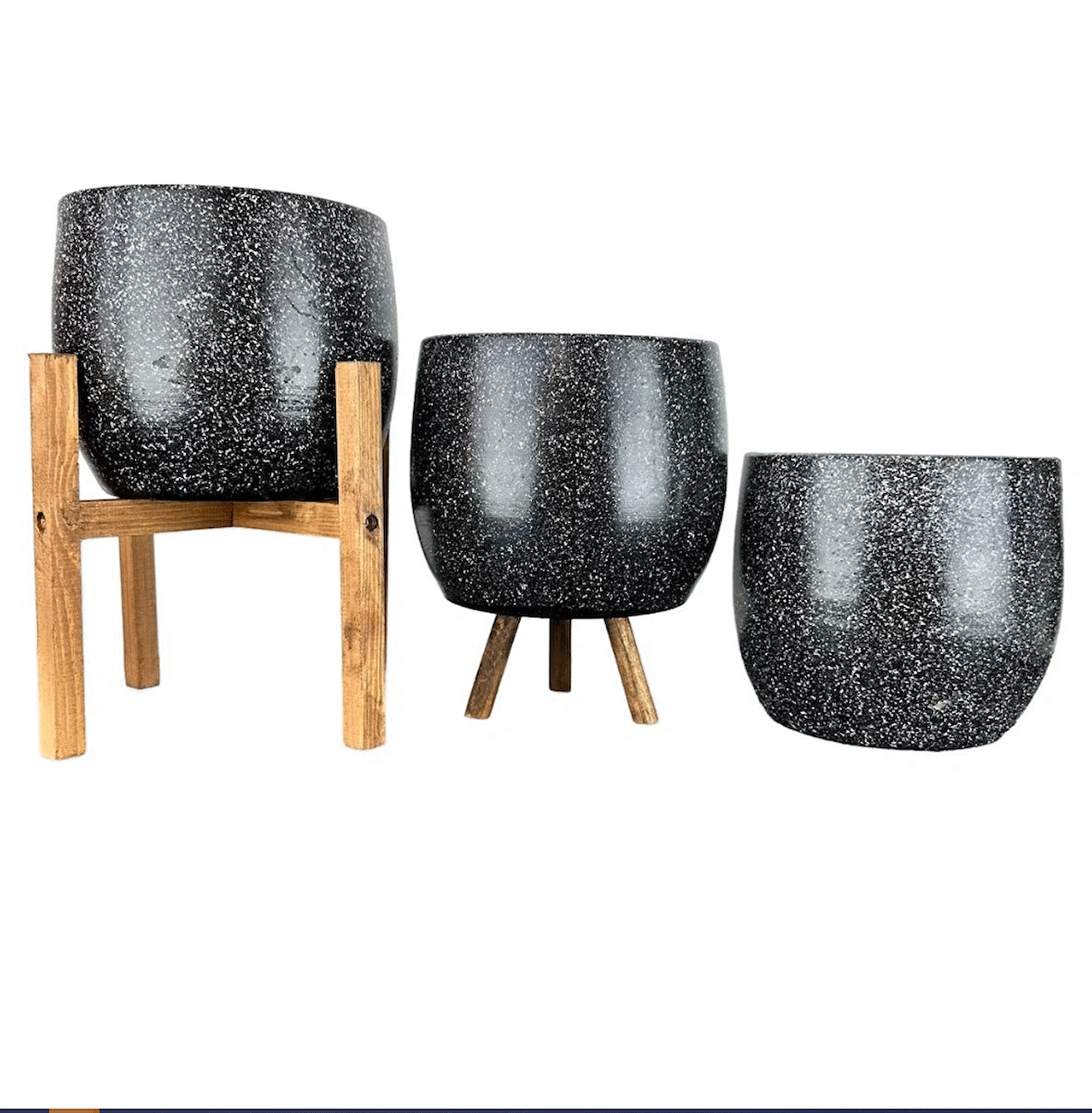 Ev Dekorasyon Aksesuar Siyah Granit Toprak Saksı Saksılık Salon Çiçeklik Üçlü Set- 19 CM