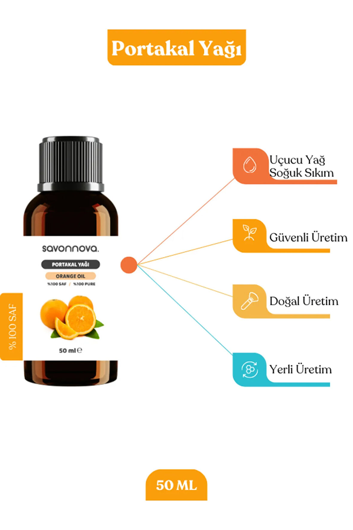 % 100 SAF ve doğal Portakal Yağı, Soğuk Sıkım Uçucu Doğal Yağ 50 ML