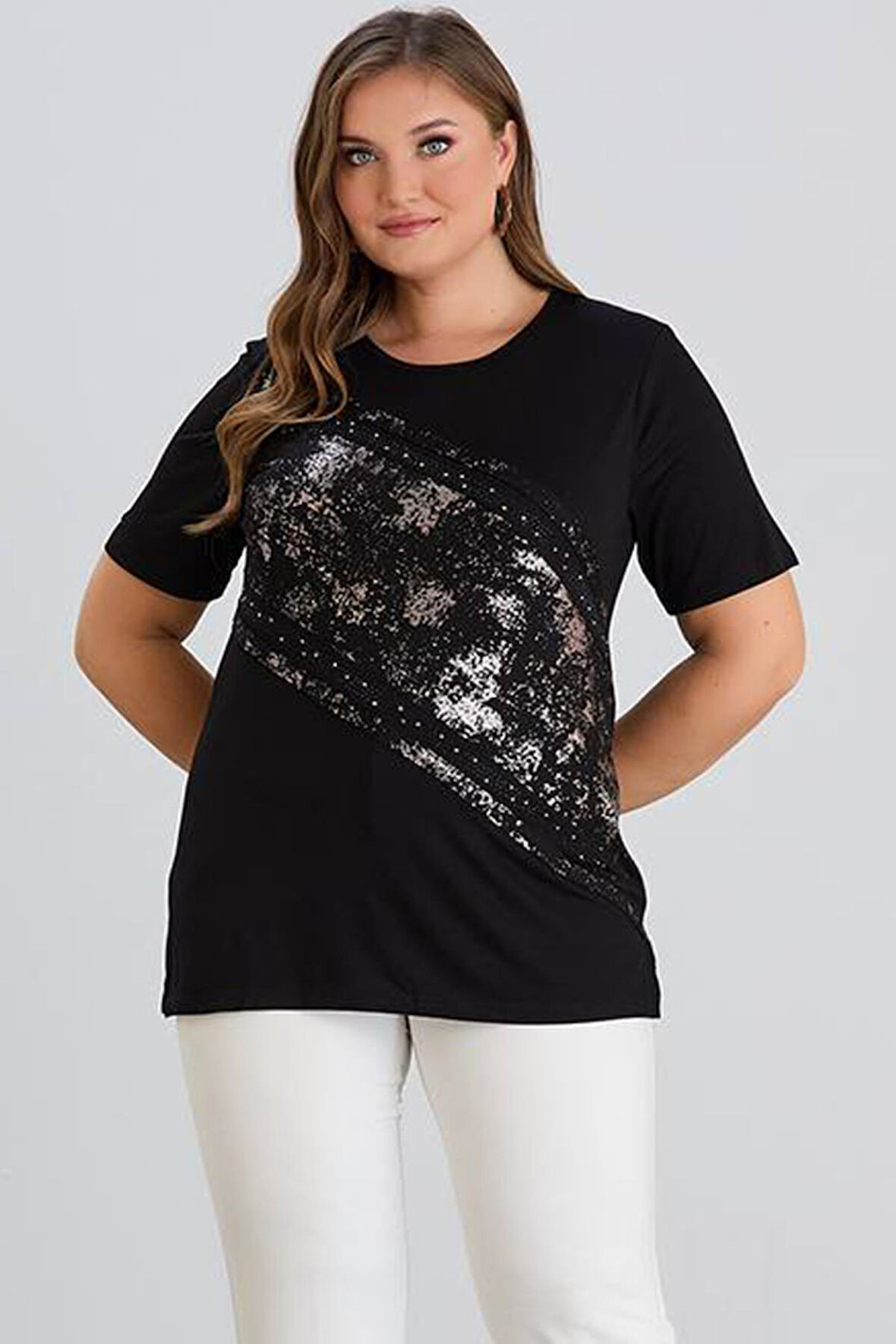 Wearon Kadın Julia Varak Baskılı Taşlı Penye Siyah Tişört
