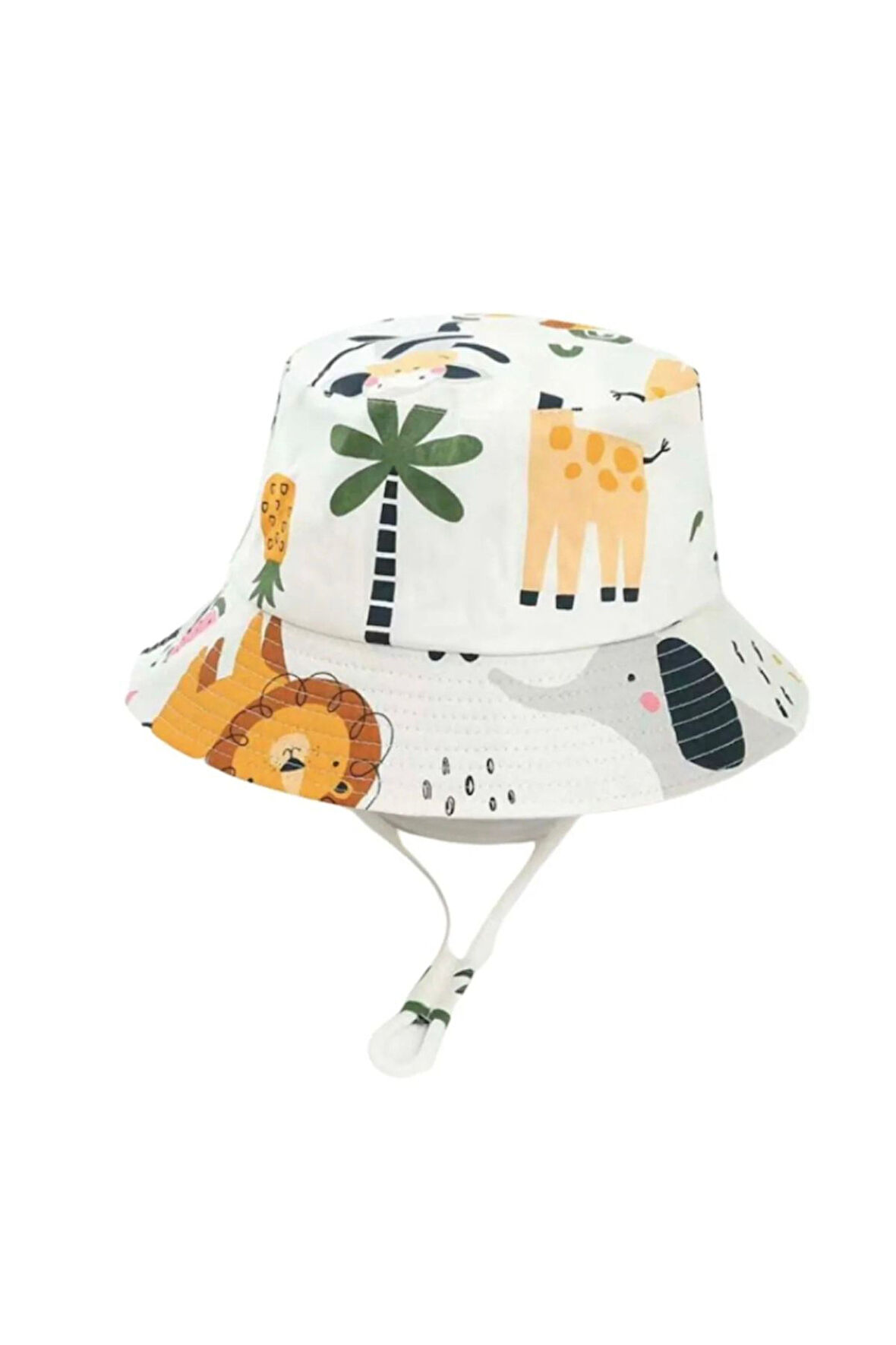 Güneş Korumalı Şapka – Beyaz Safari Hayvanları Aslan Fil Zurafa 54 Cm 4-8 Yaş