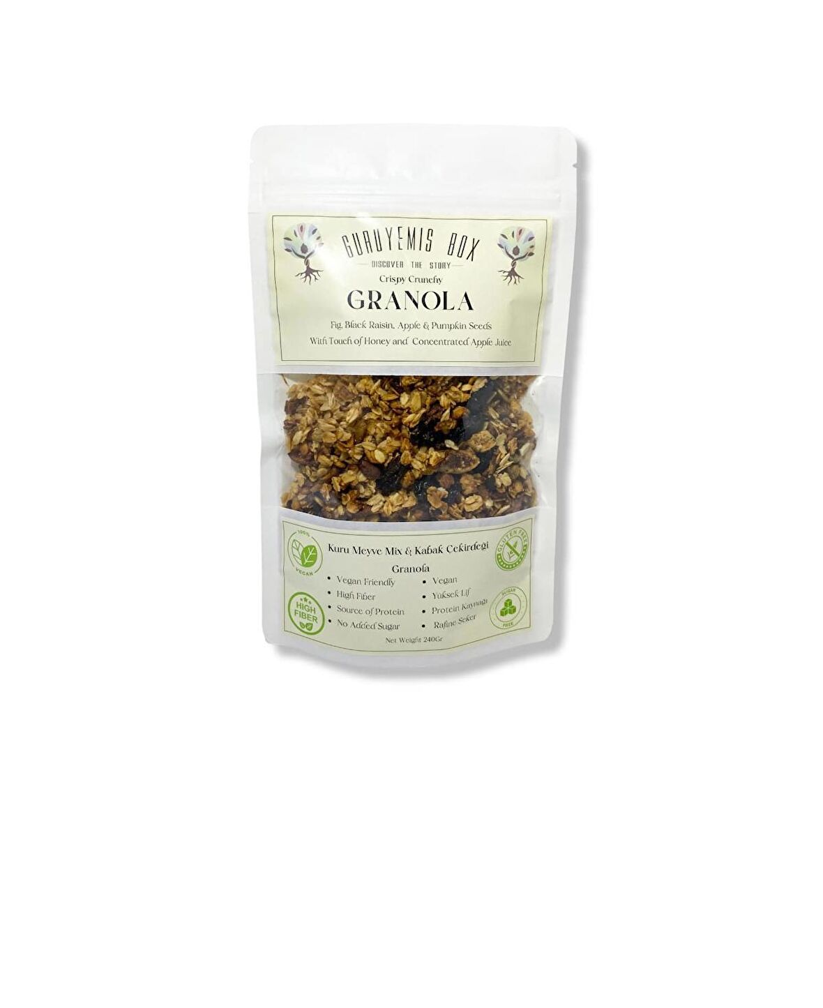 GRANOLA KAHVALTILIK GEVREK BOL KURU MEYVELİ KABAK ÇEKİRDEKLİ İNCİR ÜZÜM & ELMA KURUSU ŞEKERSİZ 240GR