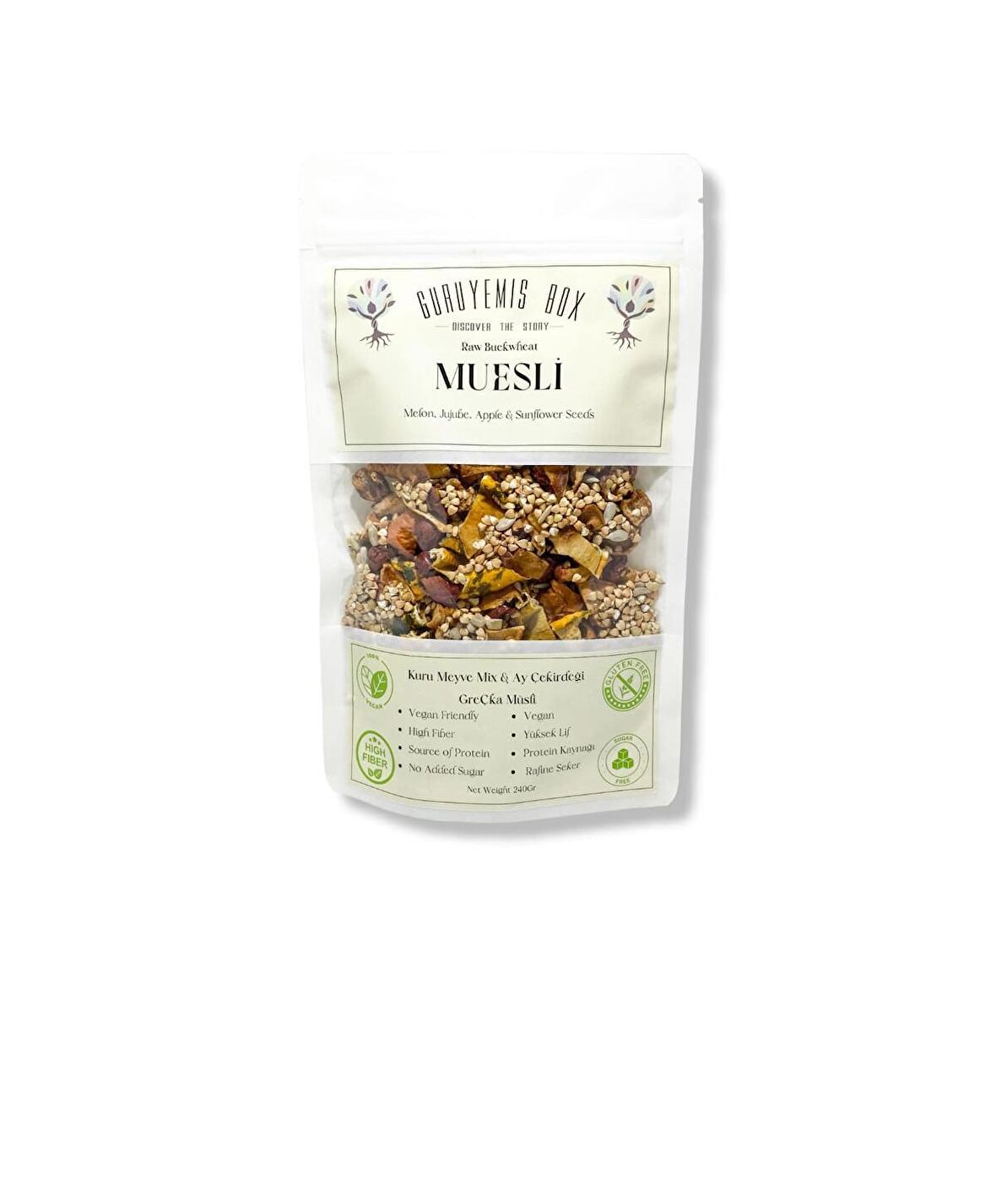 MÜSLİ GREÇKA ÇİĞ KARABUĞDAY KAHVALTILIK GEVREK BOL KURU MEYVELİ AY ÇEKİRDEKLİ KAVUN HÜNNAP ELMA KURUSU VEGAN ŞEKERSİZ GLUTENSİZ 240GR