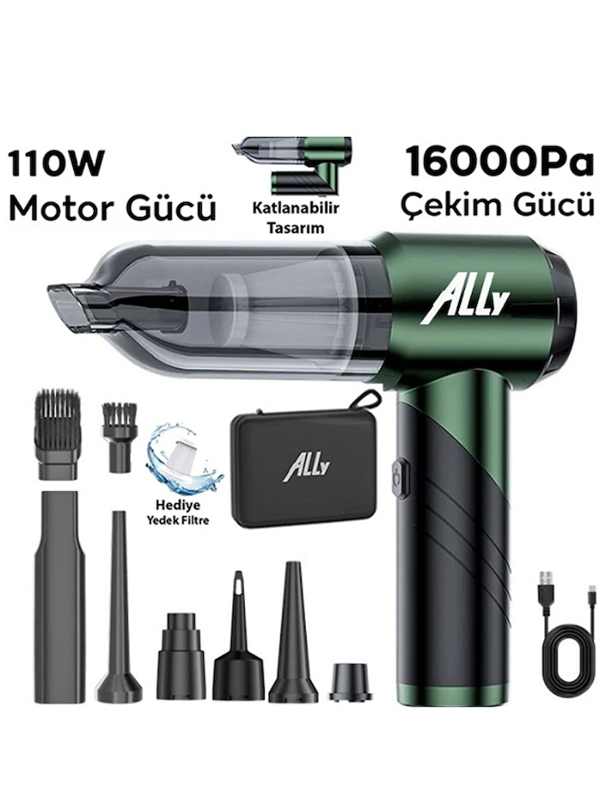  16000pa Güçlü Portatif 3 Kademeli Tasinabilir Vakumlu Kablosuz Üflemeli Mini Araç Süpürgesi