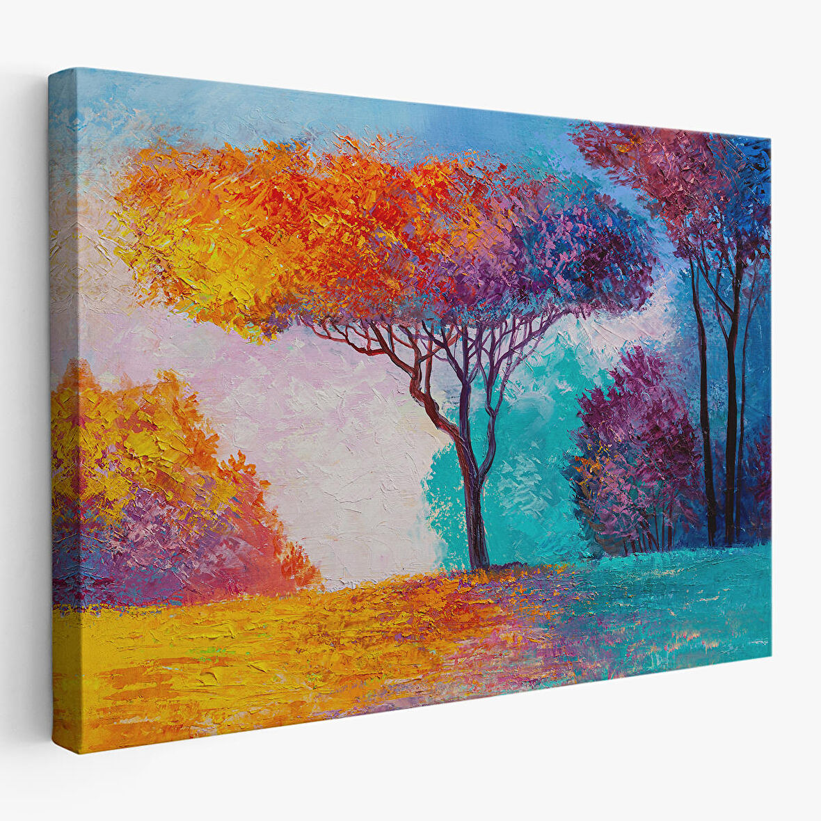 Renkli Ağaçlar Yağlıboya Görünüm Dekoratif Kanvas Duvar Tablosu-3739