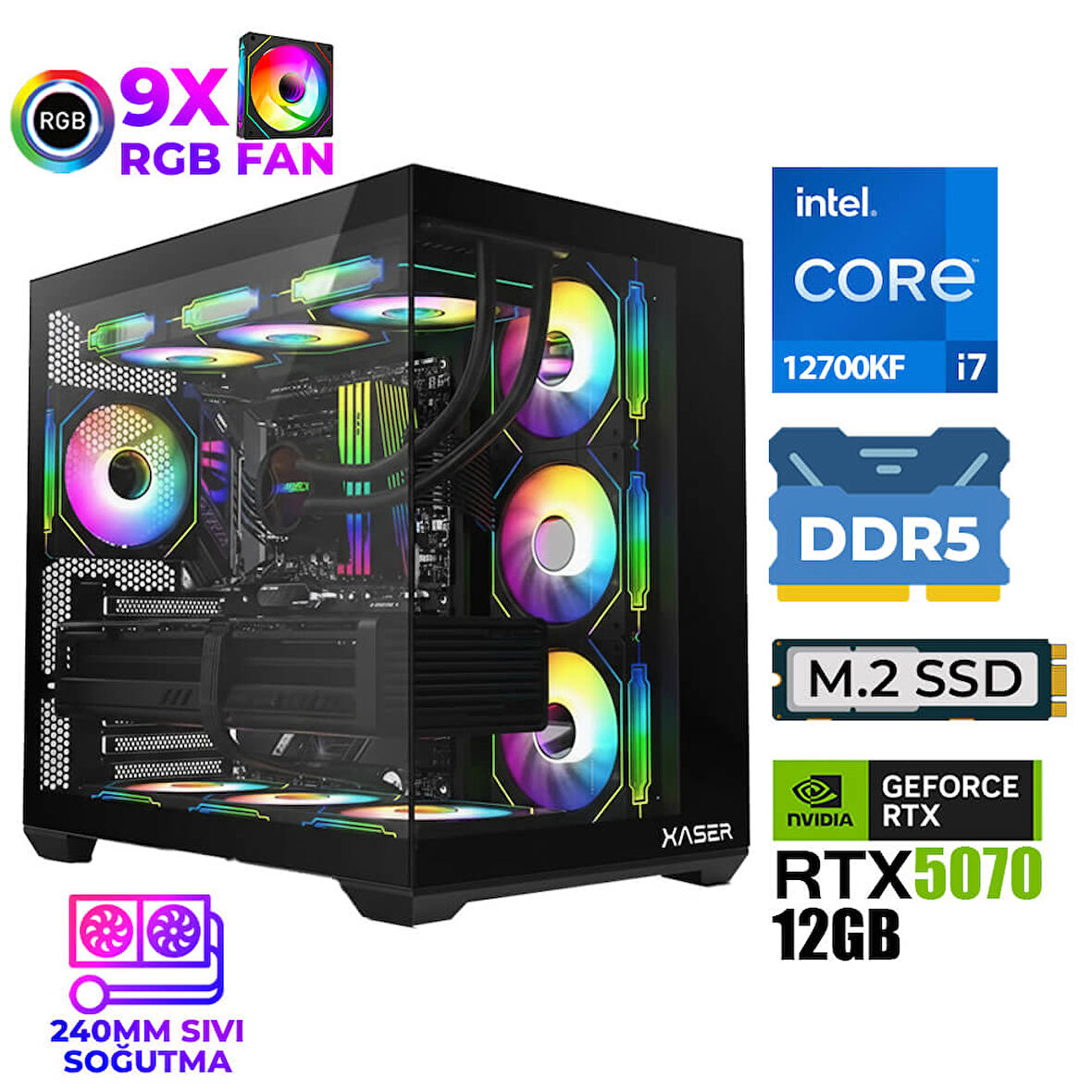 Xaser Master x7 i7 12700KF 32GB DDR5 Ram 1TB M.2 NVMe SSD 12GB RTX5070 Sıvı Soğutmalı Oyuncu Bilgisayarı
