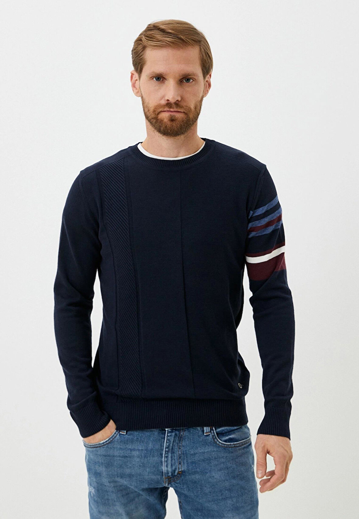 Erkek Triko Lacivert Bisiklet Yaka Desenli Slim Fit Pamuklu Kazak NCS JEANS 3743