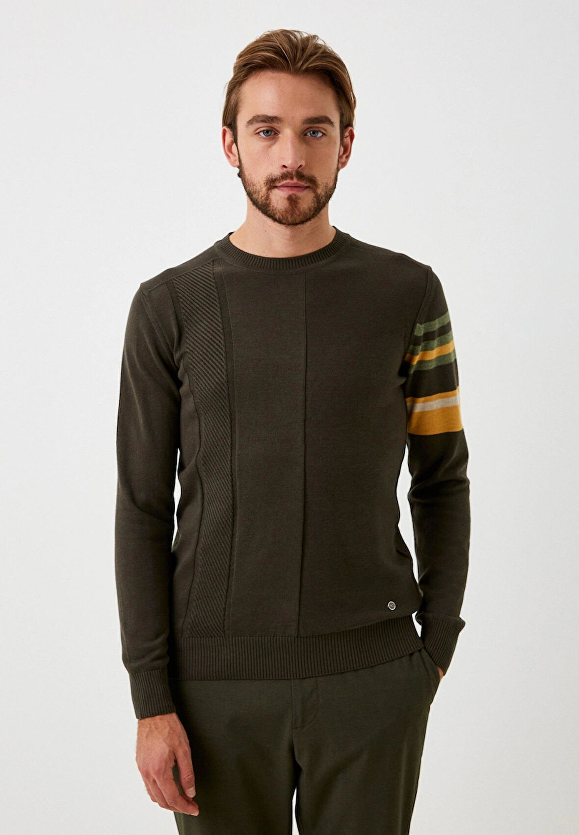 Erkek Triko Haki Bisiklet Yaka Desenli Slim Fit Pamuklu Kazak NCS JEANS 3743