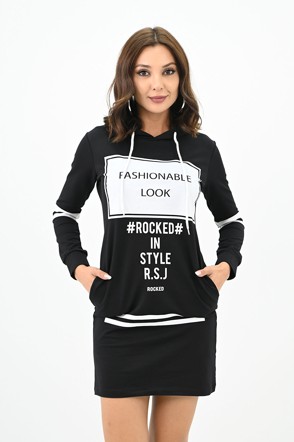 Kadın Kapüşonlu Baskılı  Sweat Elbise 7004