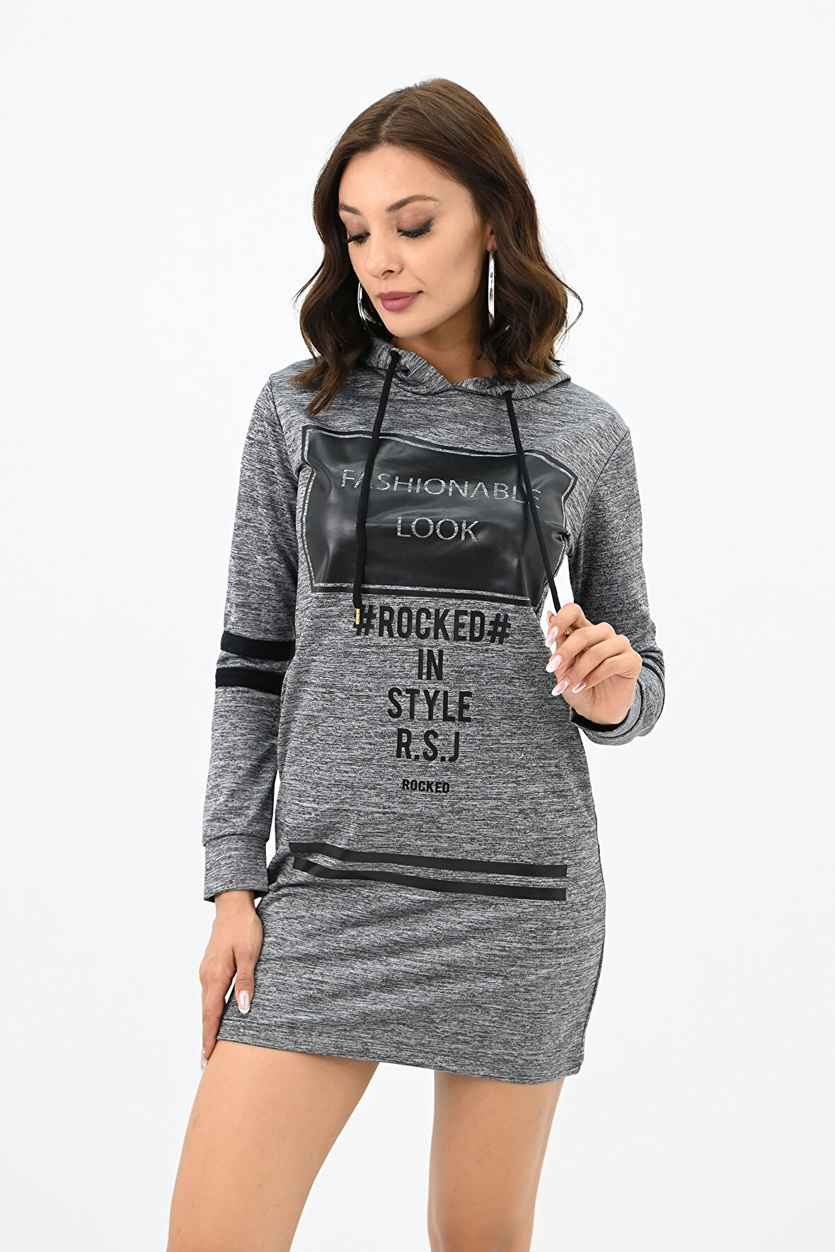 Kadın Kapüşonlu Baskılı  Sweat Elbise 7004