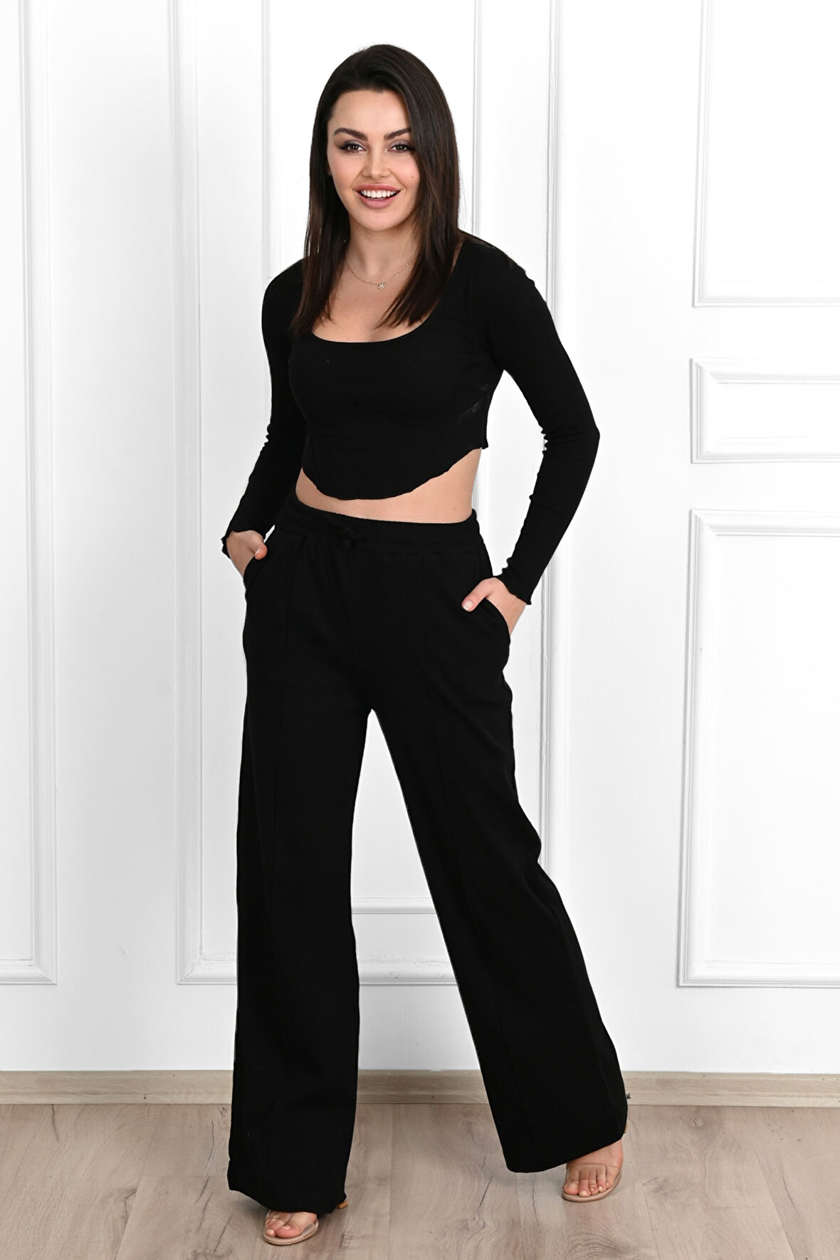 3691-23 Kadın Uzun Kollu Palazzo Pazntolonlu Eşofman Takımı